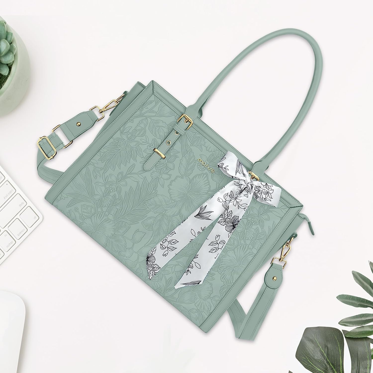 Alt View 3. mosiso - Laptop Bag for Women 15-15.6 inch PU Leather Tote Bag Work Briefcase Computer Bags - Antique Green.