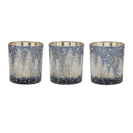 BreeBe - Navy Pine Tree Glass Votive Holder (Set of 3) - Blue, Gray