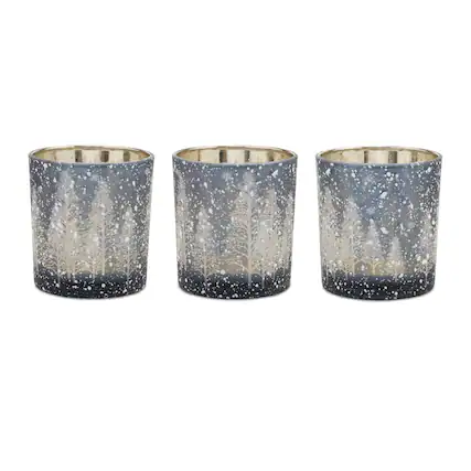 Front. BreeBe - Navy Pine Tree Glass Votive Holder (Set of 3) - Blue, Gray.