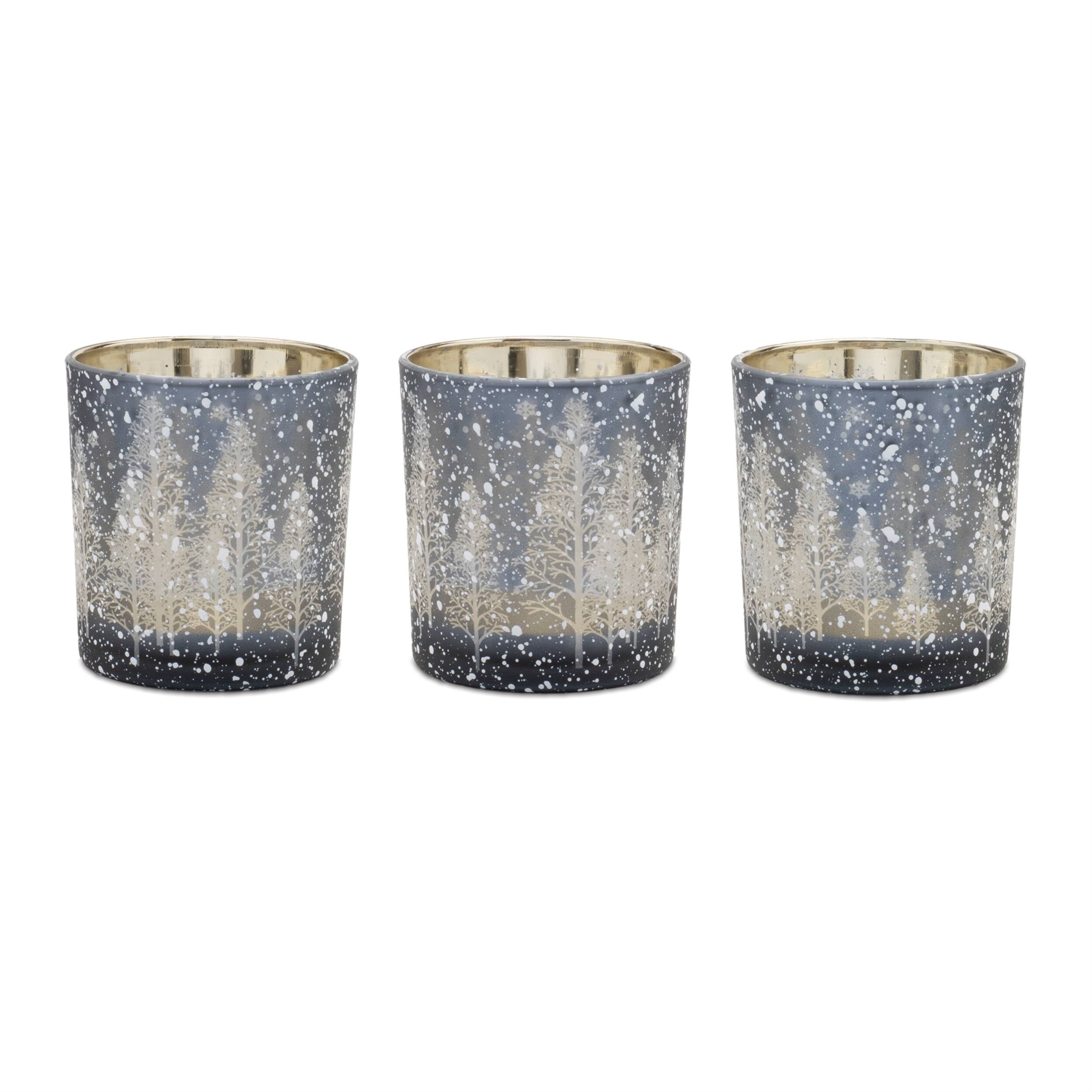 Front. BreeBe - Navy Pine Tree Glass Votive Holder (Set of 3) - Blue, Gray.