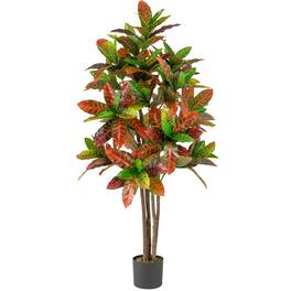 Costway - 5 FT Artificial Croton Plant w/ Multi-colored PEVA Leaves Solid Wood Trunk - Green,Red,Yellow,Brown