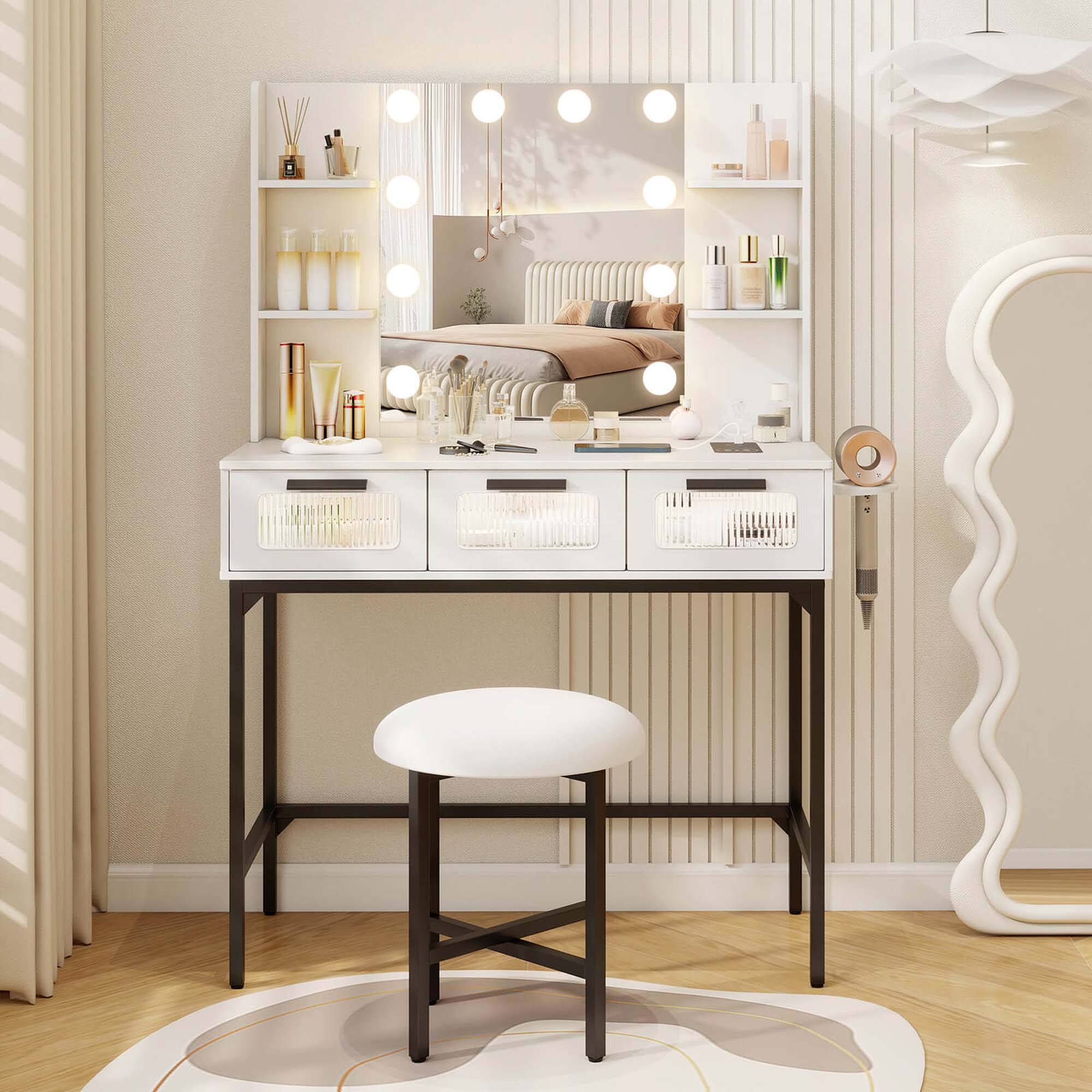Alt View 10. Costway - Costway Makeup Vanity Desk with Hollywood Mirror & Lights 3-Color Induction Lighting - White.
