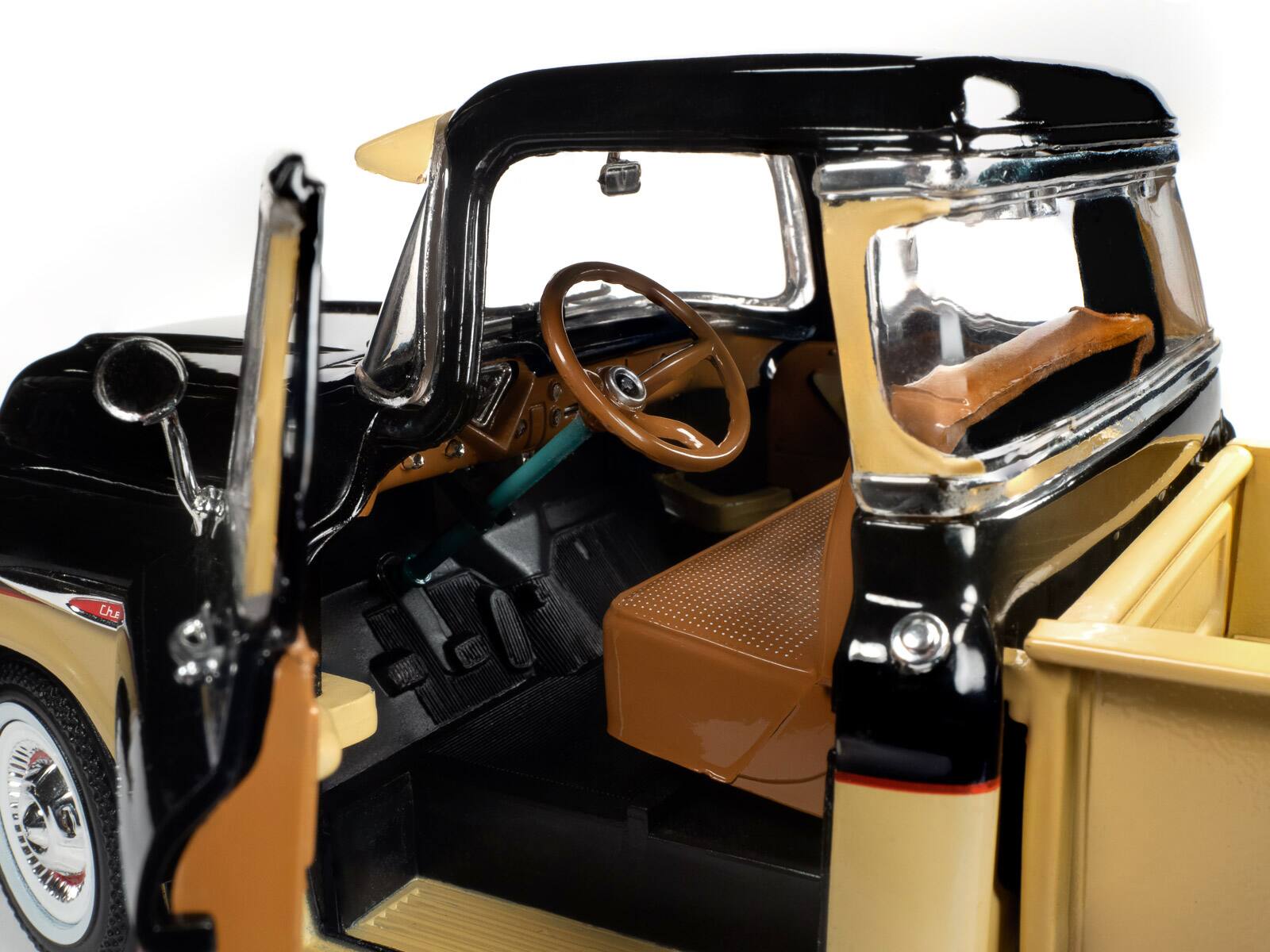 Alt View 3. Autoworld - 1957 Chevrolet 3100 Stepside Pickup Truck Black and Tan with Graphics 1/18 Diecast Model by Auto World.