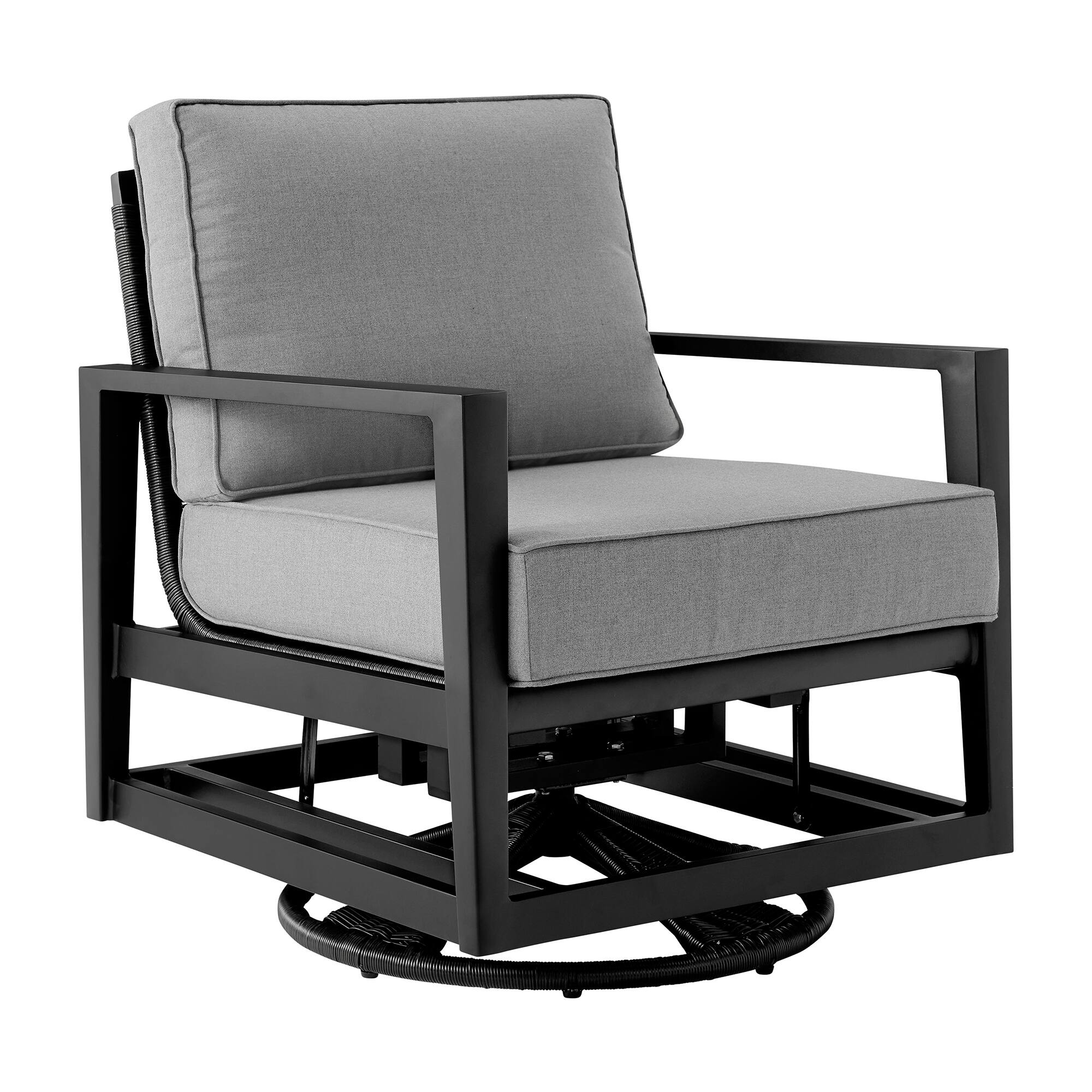 Front. Armen Living - Cayman Black Aluminum Outdoor Swivel Glider Chair with Dark Gray Cushions - Dark Gray.