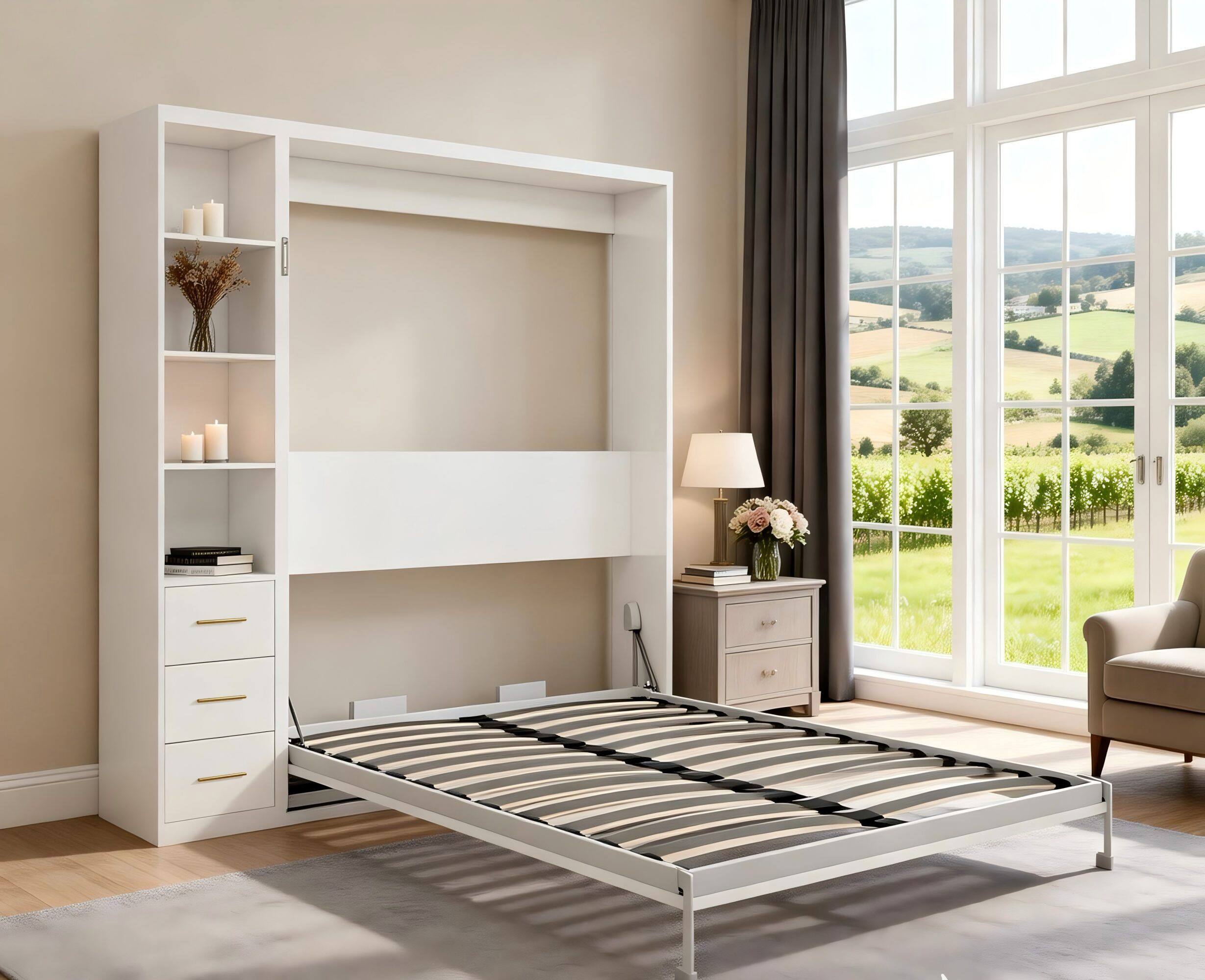 Angle. Anysun - Queen Murphy Wall Bed with Side Cabinet - Invisible Space-Saving Bed Frame, Automatic Mechanism - White.