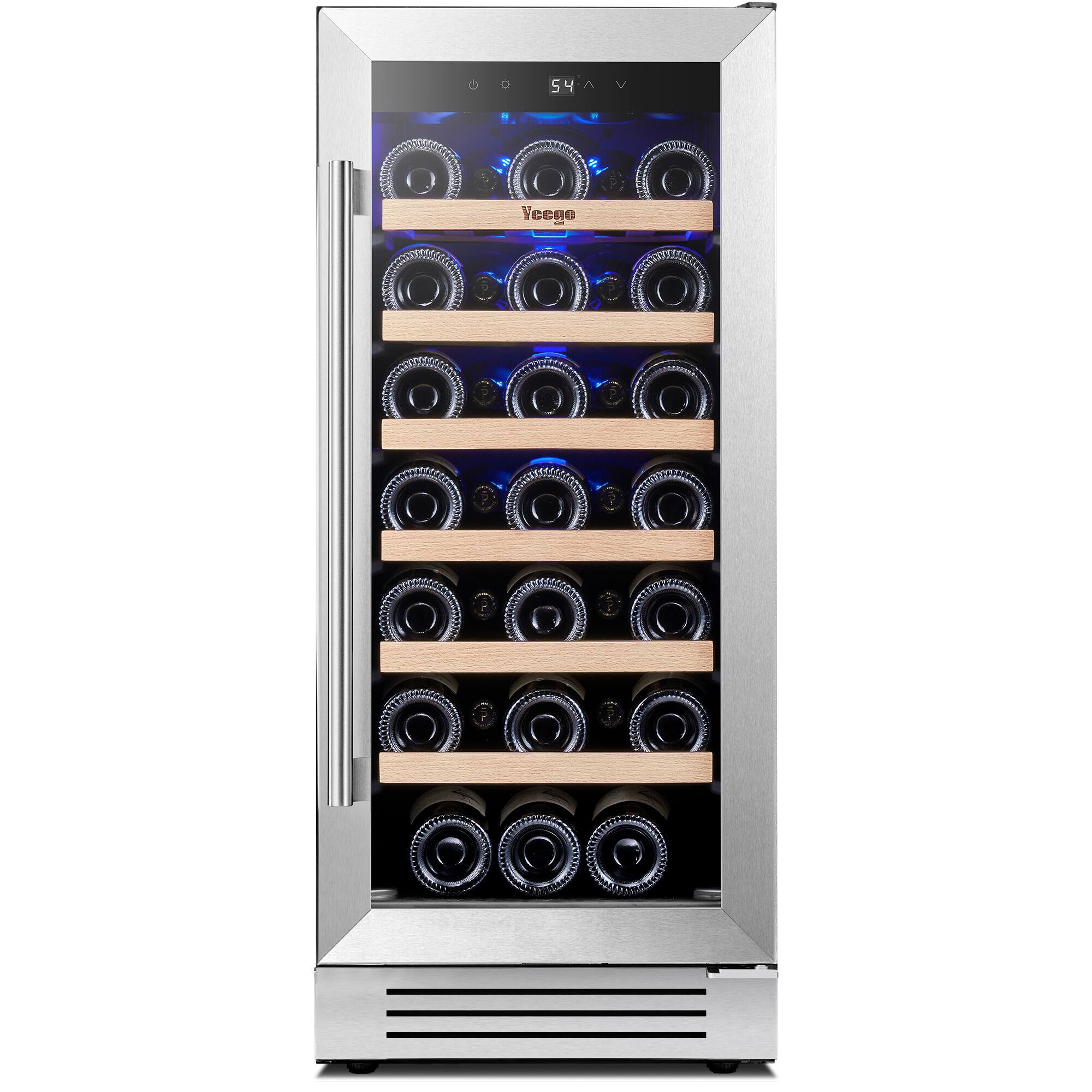 Angle. Yeego - 15 inch Wine Cooler Refrigerator with 33-Bottle Built-In/Freestanding for Home Bar，Stainless Steel - Stainless Steel.