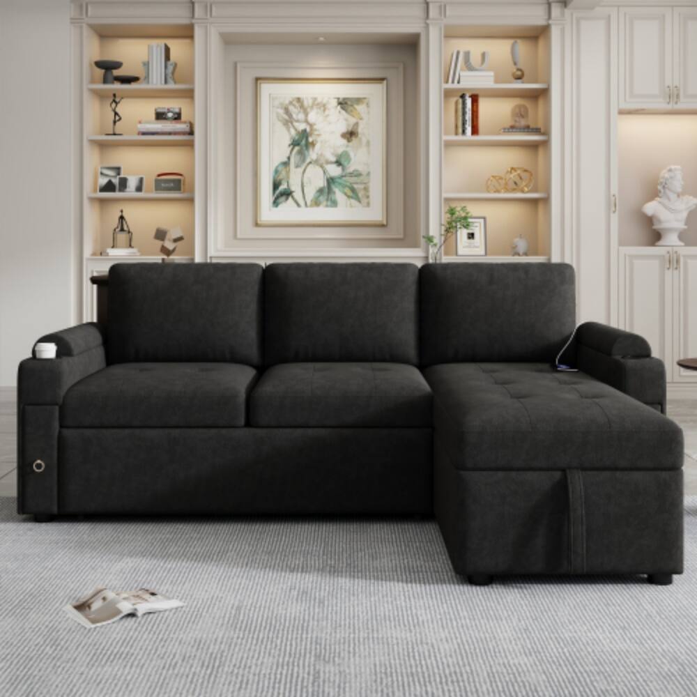 Left. LUCKY ONE - 83.5" L-Shaped Convertible Sofa Bed w/ Storage Cup Holders USB Ports Chaise - Black.