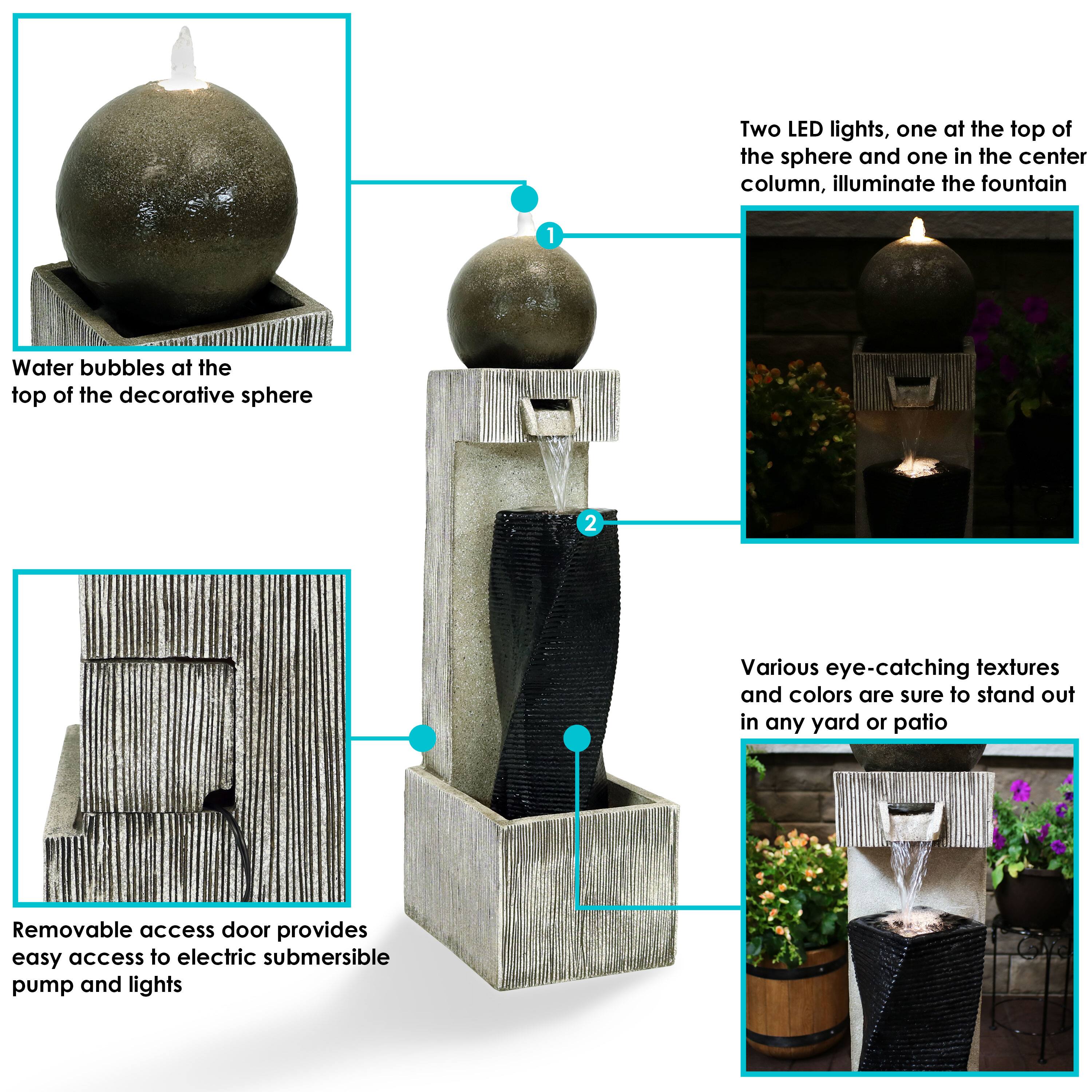 1. Two LED lights, one at the top of the sphere and one in the center column, illuminate the fountain.
2. Water bubbles at the top of the decorative sphere.
3. Removable access door provides easy access to electric submersible pump and lights.
4. Various eye-catching textures and colors are sure to stand out in any yard or patio.