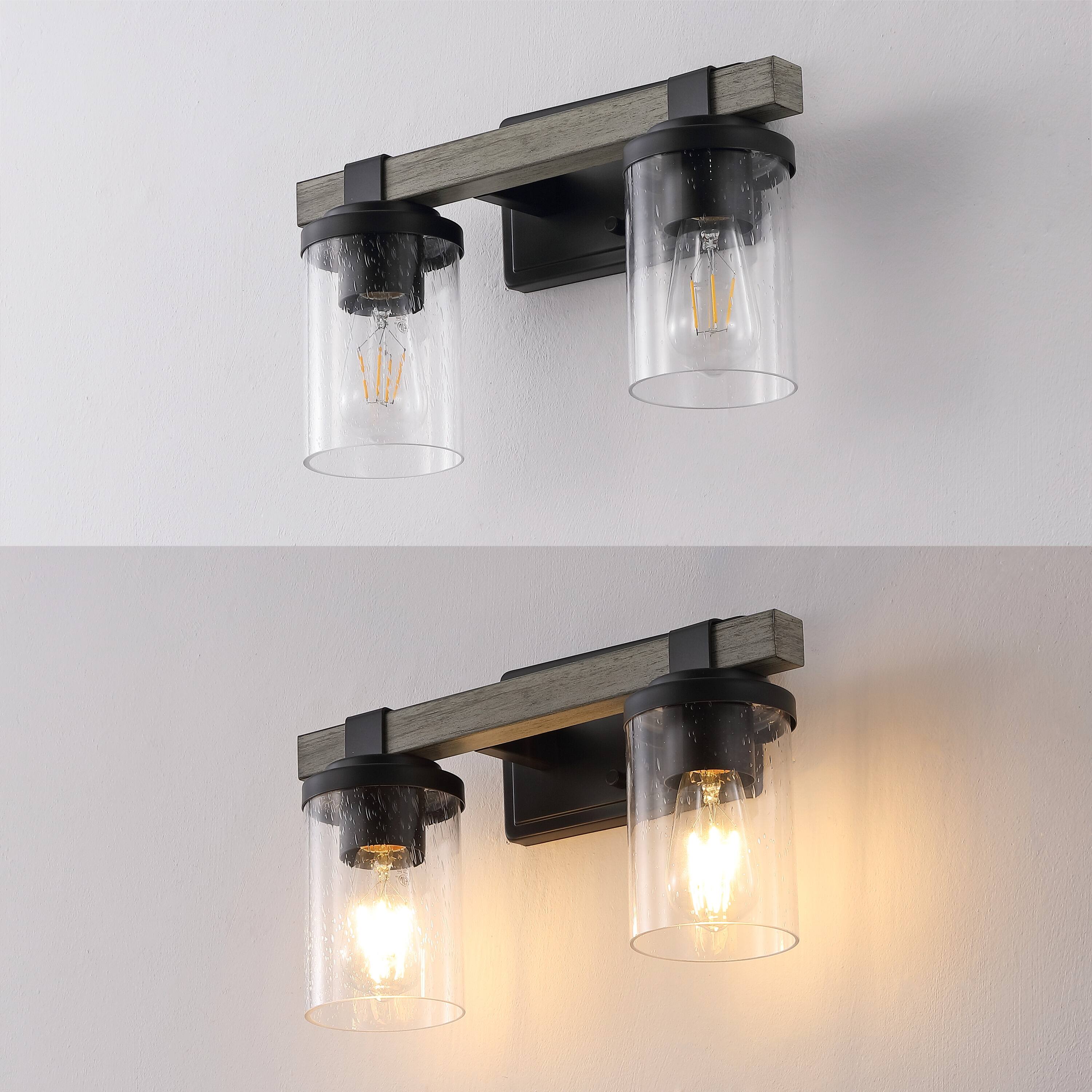 Alt View 4. Jonathan Y - Bungalow 15" 2-Light Iron/Seeded Glass Rustic Farmhouse LED Vanity Light, Black/Gray Oak Wood Finish - Black/Gray Oak Wood Finish.