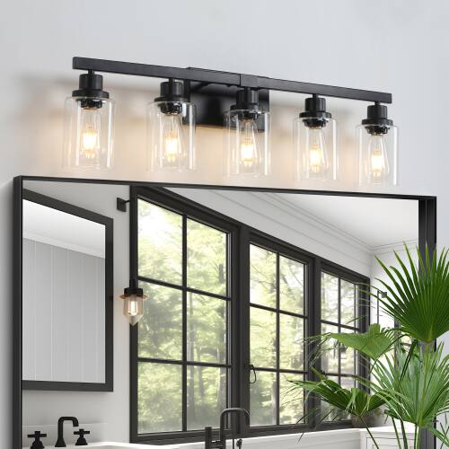 Angle. LUCKY ONE - 31in Wall Mount Vanity Light, 5-Light Industrial Sconce with Clear Glass Shades for Bathroom - Black.