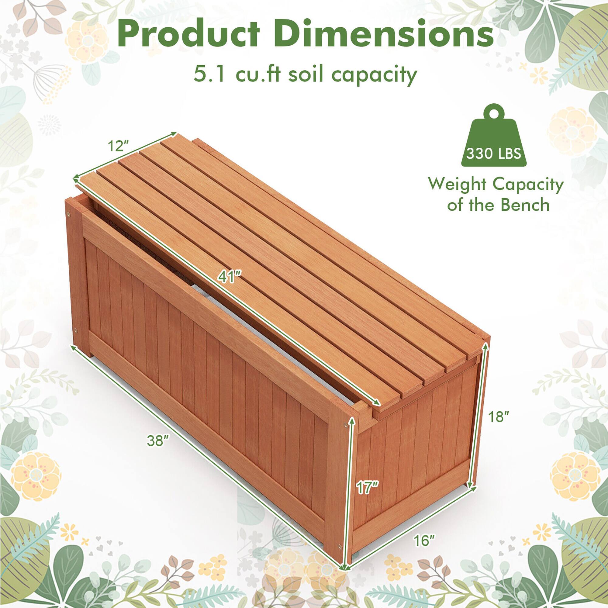 Product Dimensions  
5.1 cu.ft soil capacity  
Weight Capacity of the Bench: 330 LBS  

Dimensions:  
- Length: 41"  
- Width: 18"  
- Height: 17"  
- Depth: 16"  
- Top Surface: 12" x 38"