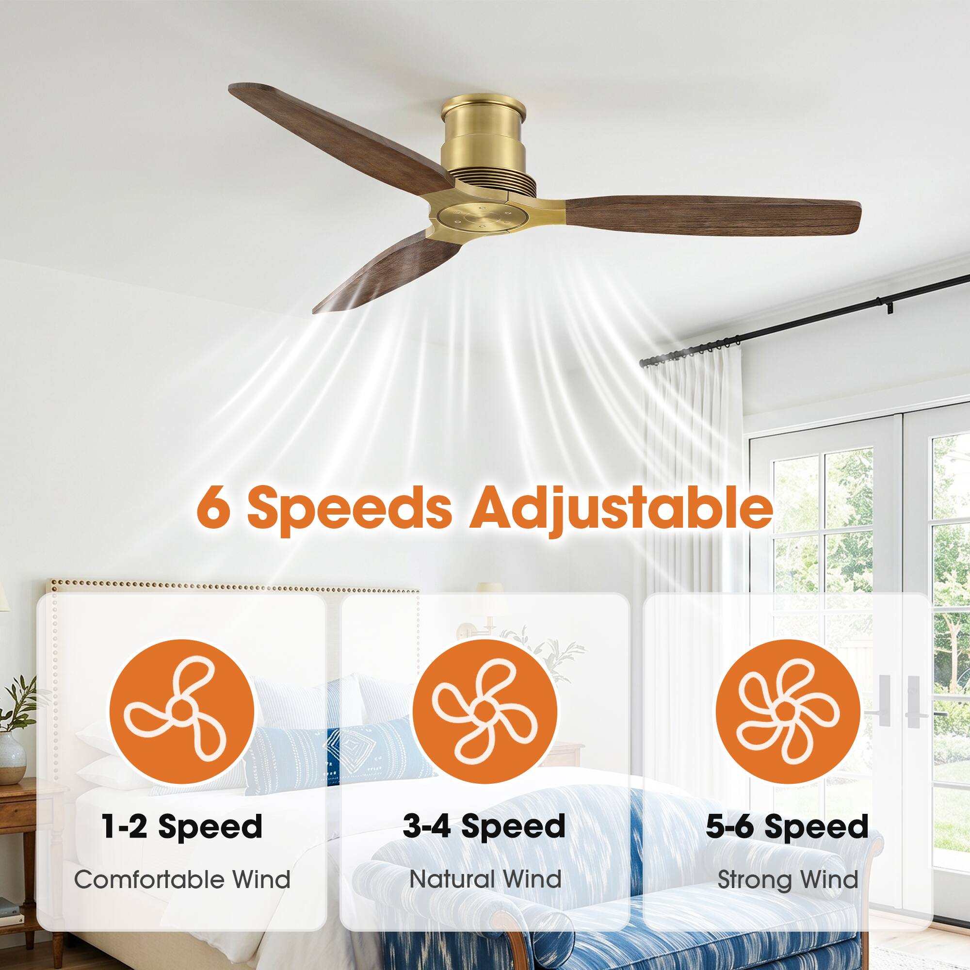 6 Speeds Adjustable  
1-2 Speed Comfortable Wind  
3-4 Speed Natural Wind  
5-6 Speed Strong Wind