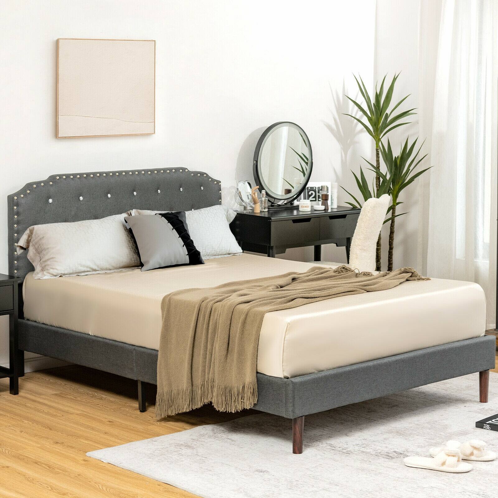 Alt View 1. Ecooso - Upholstered Bed Frame with Adjustable Diamond Button Headboard - Gray.