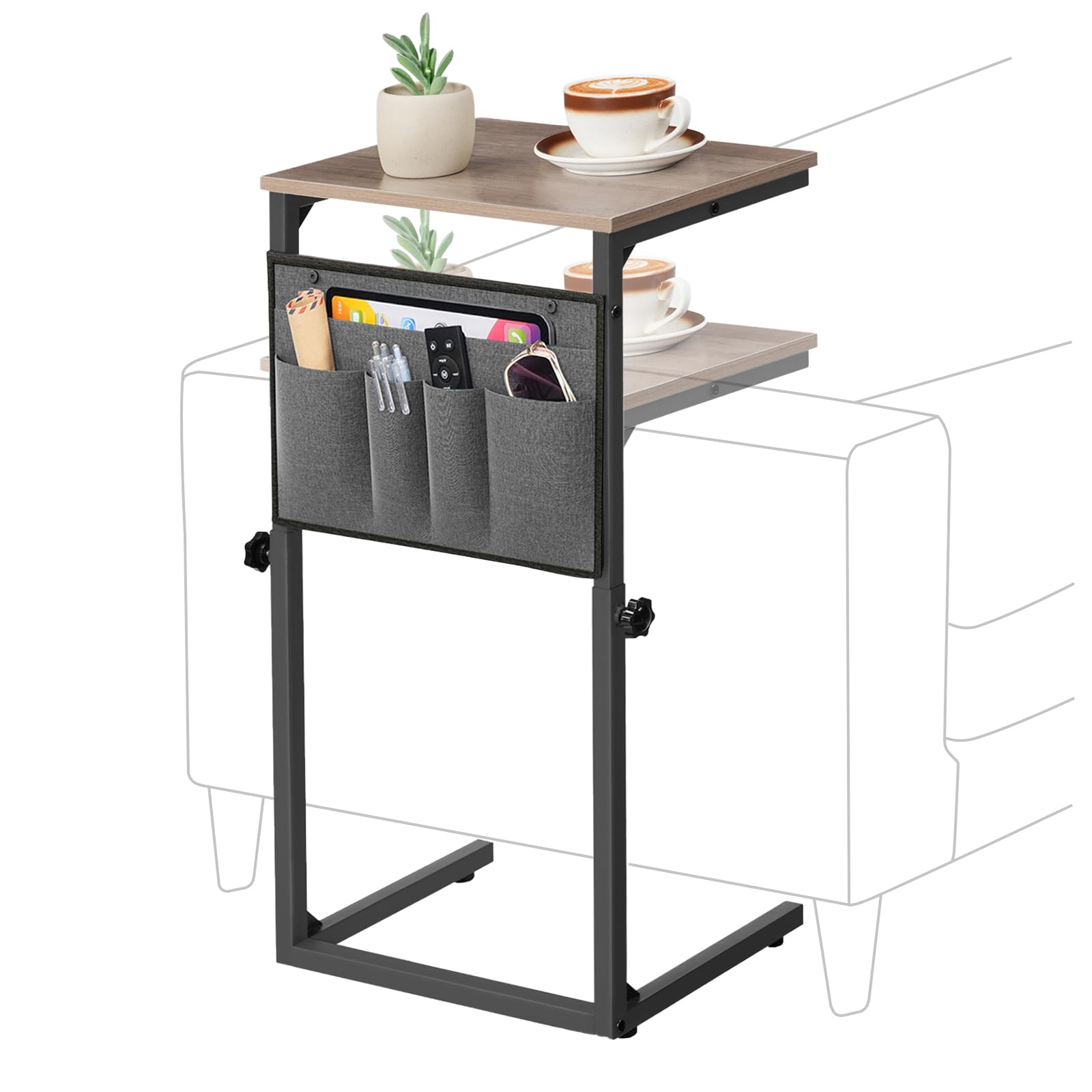 JETRANSPORT - C Shaped End Table 29.5'' Adjustable Height Side Couch With Oxford Storage Pockets Sofa Slide Under Small Spa - Greige + Black 1