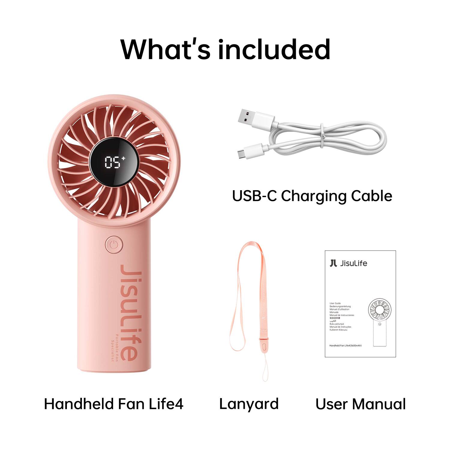 What's included

- USB-C Charging Cable
- Jisulife Handheld Fan Life4
- Lanyard
- User Manual