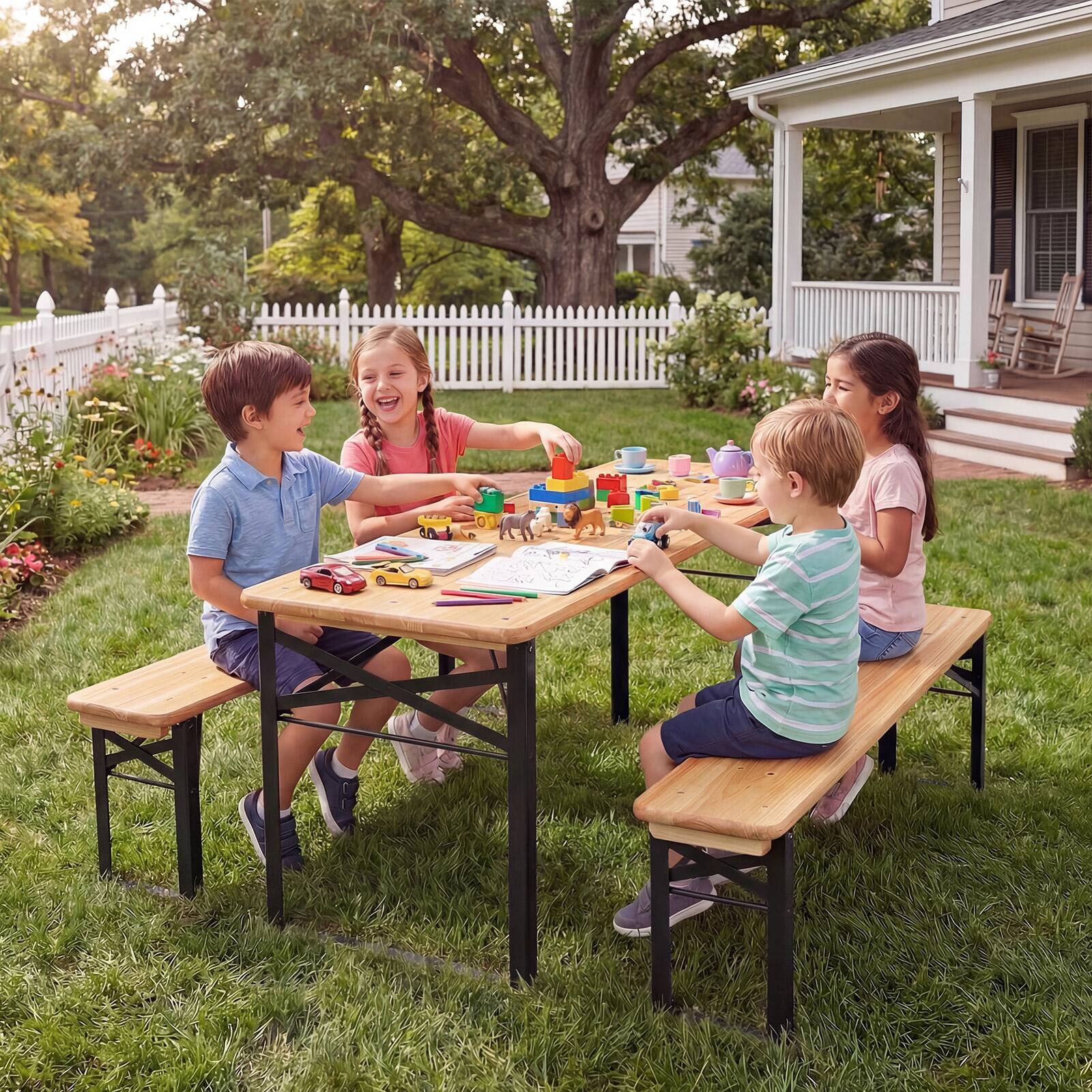Alt View 1. Costway - Costway 43.5 Inch Folding Kids Picnic Table & Bench Set with 0.8" Thick Fir Wood Top - Black and Natural.