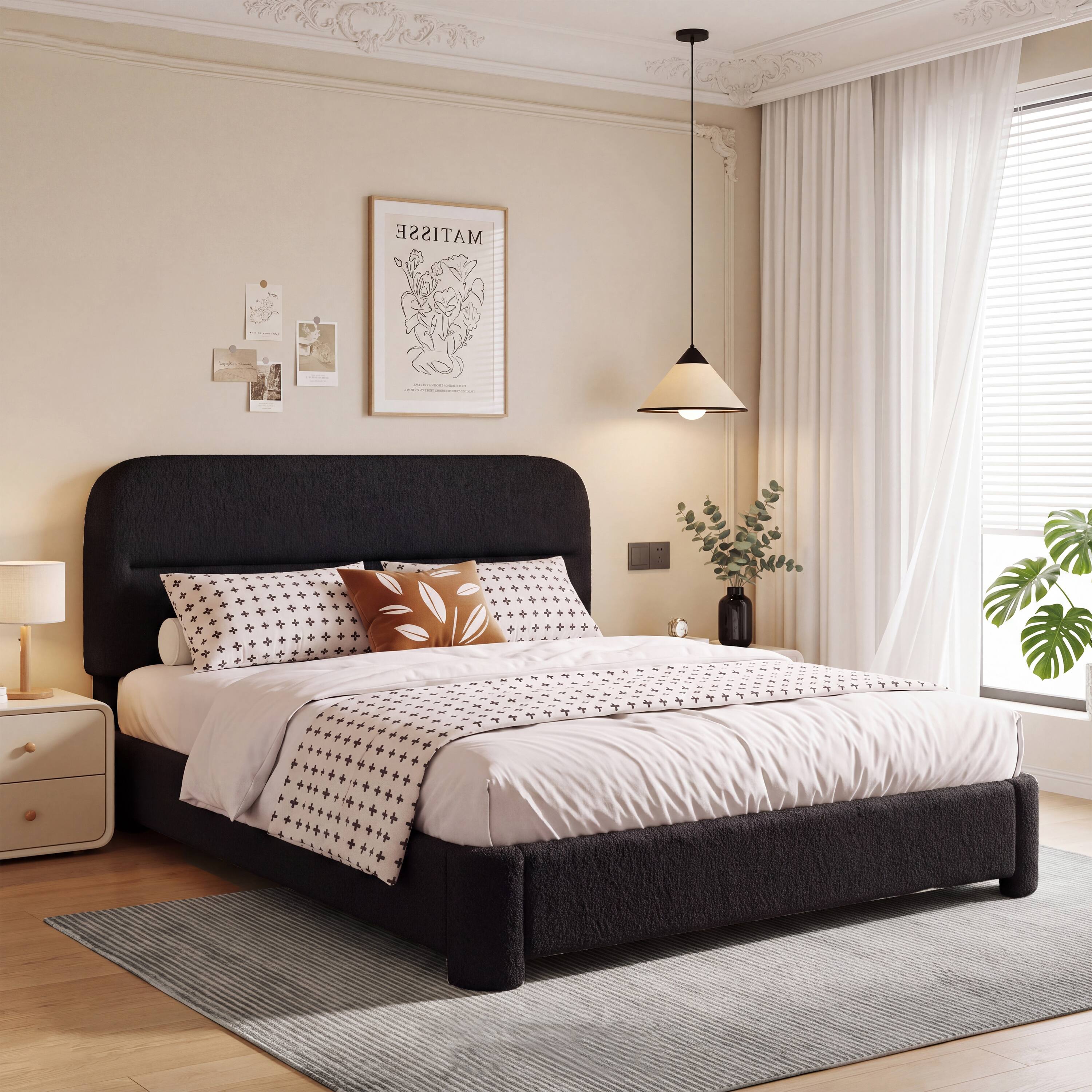 Angle. Vipbear - F/Q/K Upholstered Platform Bed Frame | Height Adjustable Headboard, No Box Spring Needed, Works with 8–14" Mattresses - Black.