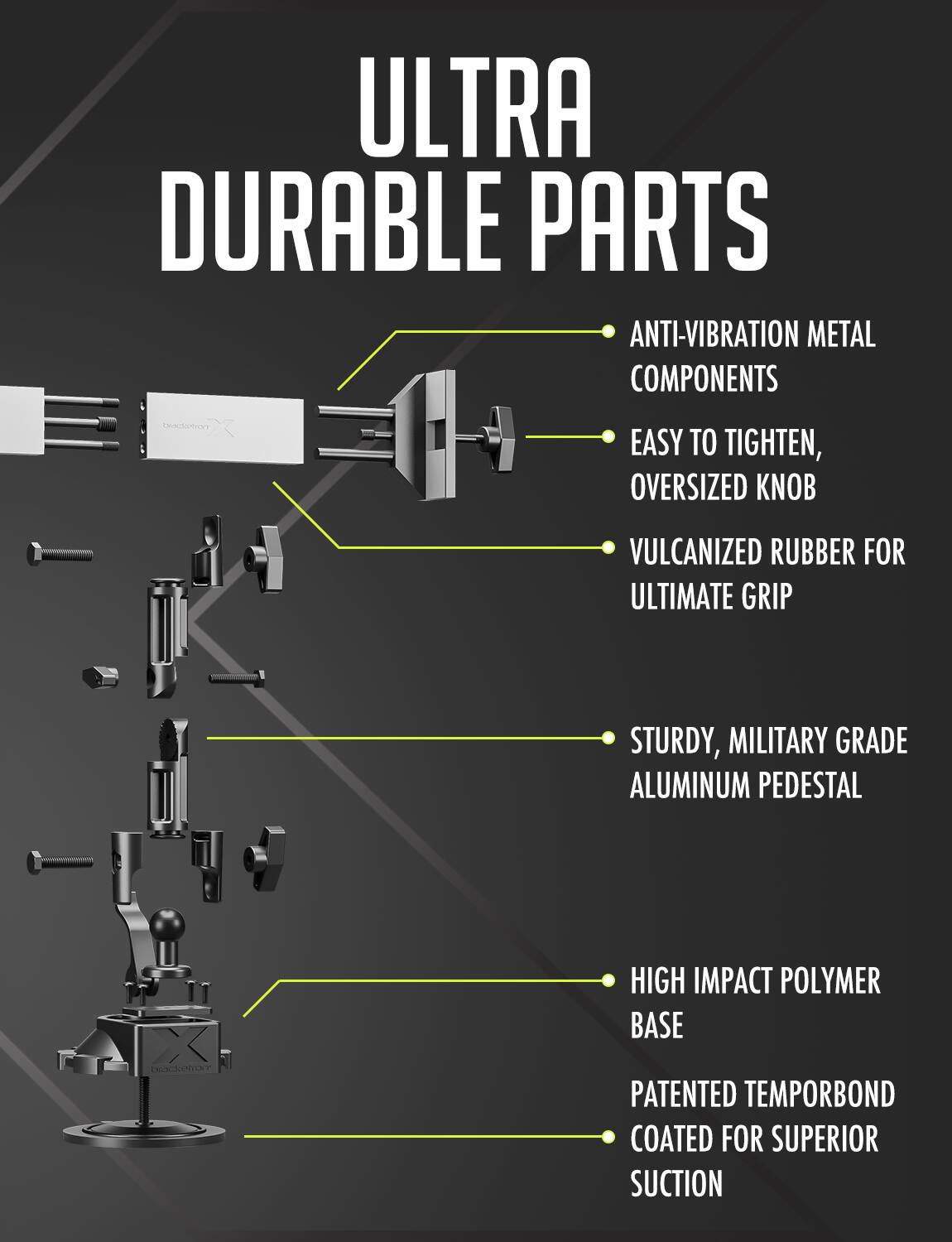 ULTRA DURABLE PARTS
ANTI-VIBRATION METAL COMPONENTS
EASY TO TIGHTEN, OVERSIZED KNOB
VULCANIZED RUBBER FOR ULTIMATE GRIP
STURDY, MILITARY GRADE ALUMINUM PEDESTAL
HIGH IMPACT POLYMER BASE
PATENTED TEMPORBOND COATED FOR SUPERIOR SUCTION