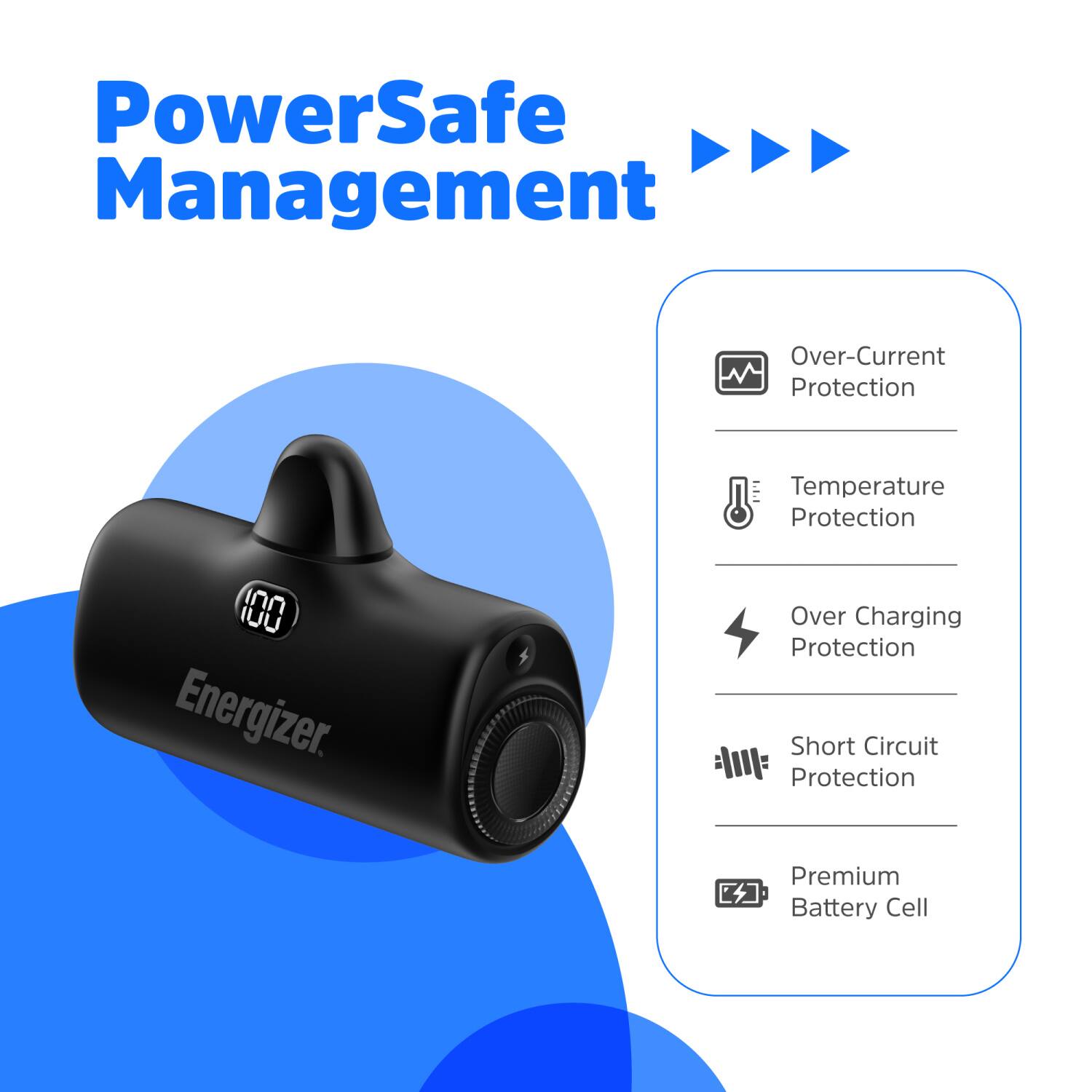 PowerSafe Management

Energizer

Over-Current Protection
Temperature Protection
Over Charging Protection
Short Circuit Protection
Premium Battery Cell