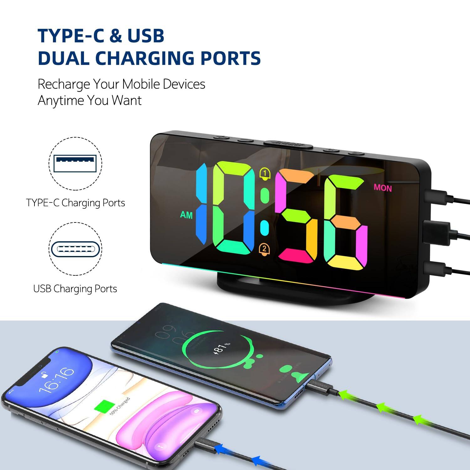 Left. Dazzed Corner - Digital Alarm Clock, Large LED Digital Clock,USB Charging Port - Black.