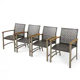 Gymax - Outdoor Rattan Chair Set of 4 Patio PE Wicker Dining Chairs w/ Acacia Wood Armrests Balcony Poolside - Mix Brown, Natural, Silver
