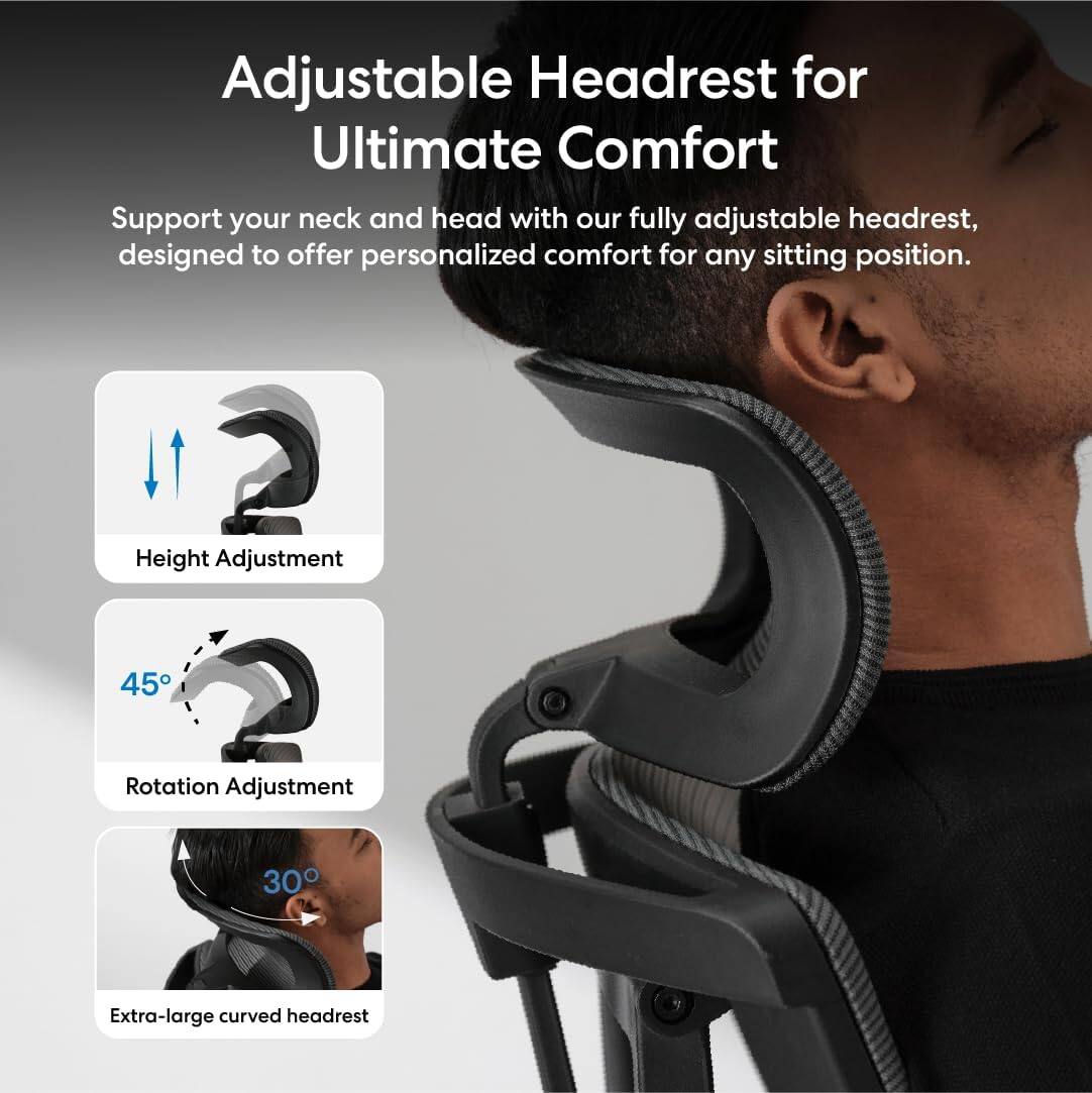 Adjustable Headrest for Ultimate Comfort

Support your neck and head with our fully adjustable headrest, designed to offer personalized comfort for any sitting position.

- Height Adjustment
- Rotation Adjustment 45°
- Extra-large curved headrest