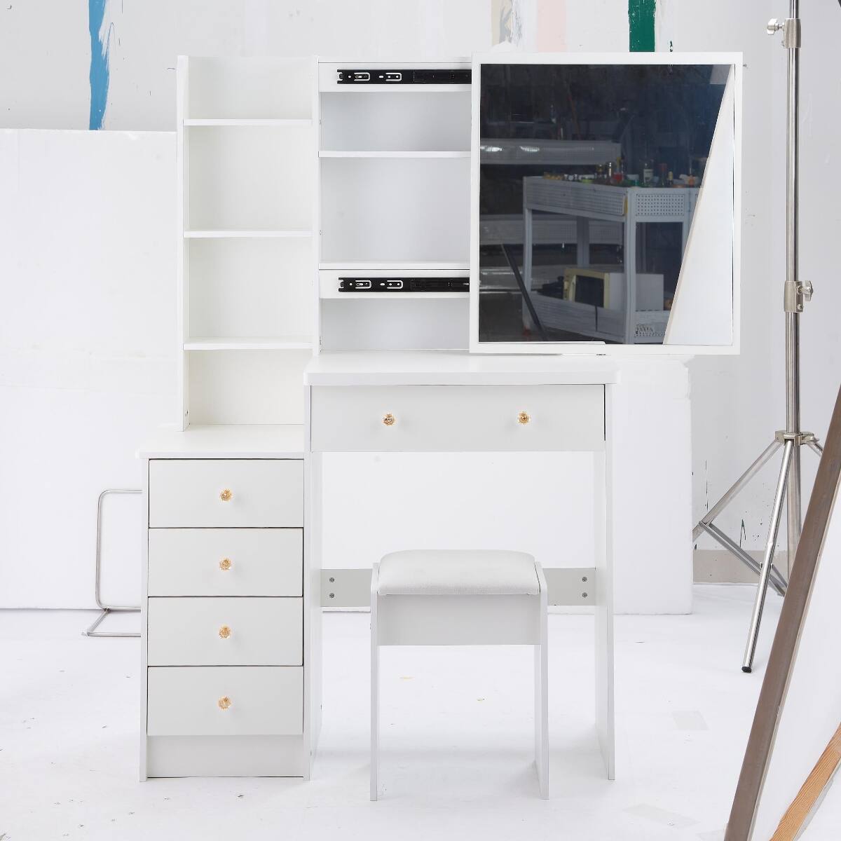 Alt View 2. Loheer - Loheer 37 inch makeup vanity with stool, sliding mirror and layered storage - White.