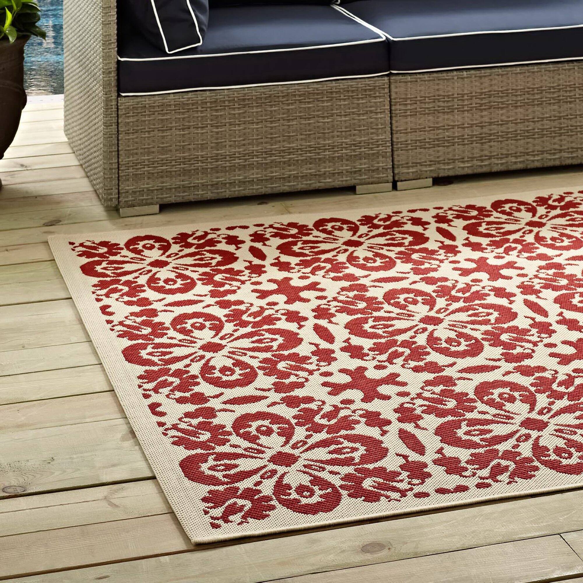 Back. Modway - Ariana Vintage Floral Trellis Indoor and Outdoor Area Rug - Red and Beige.