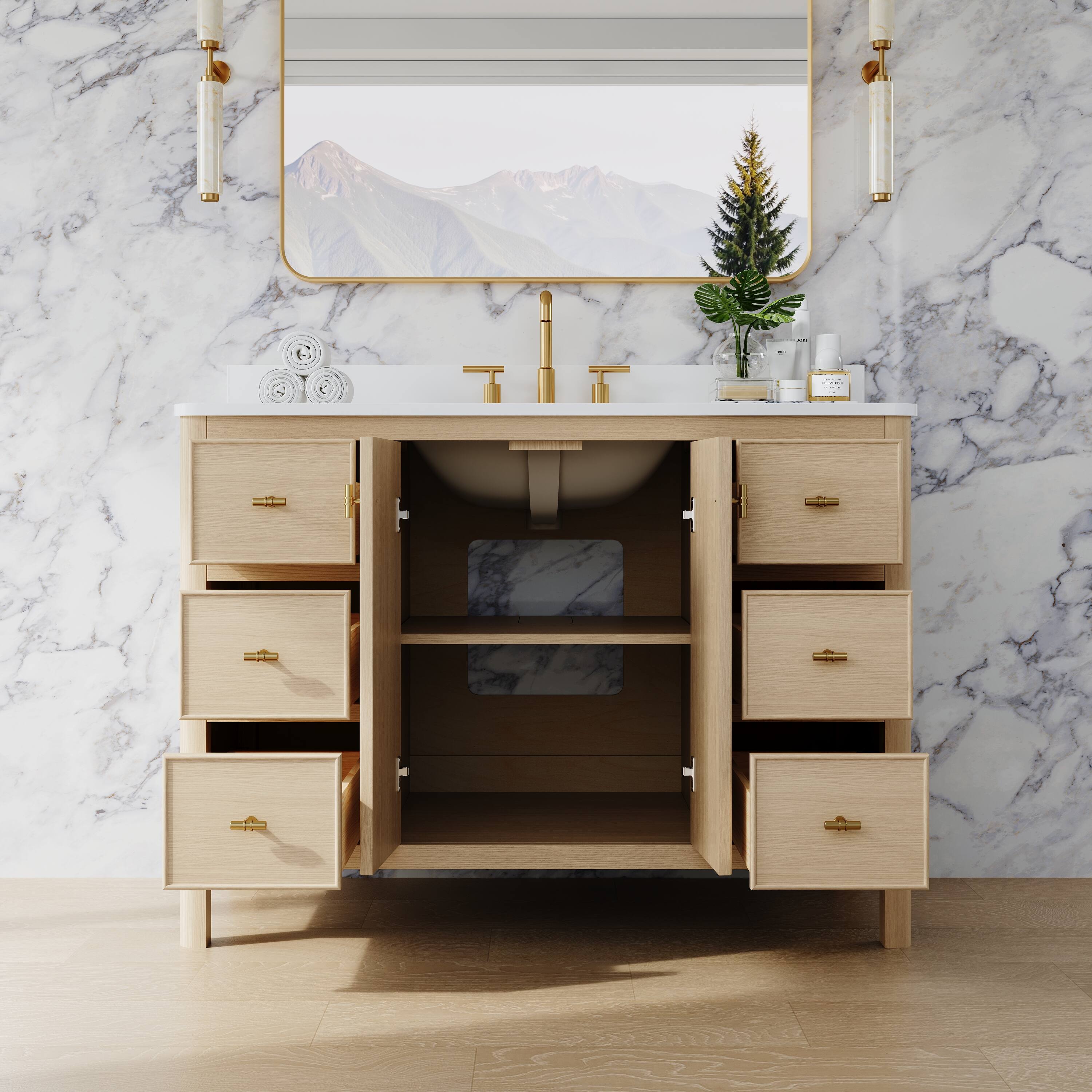 Back. WELLFOR - LORIN 48 in. Solid Wood Bath Vanity with Quartz Top, Single Sink, Soft Close, Assembled - OAK.
