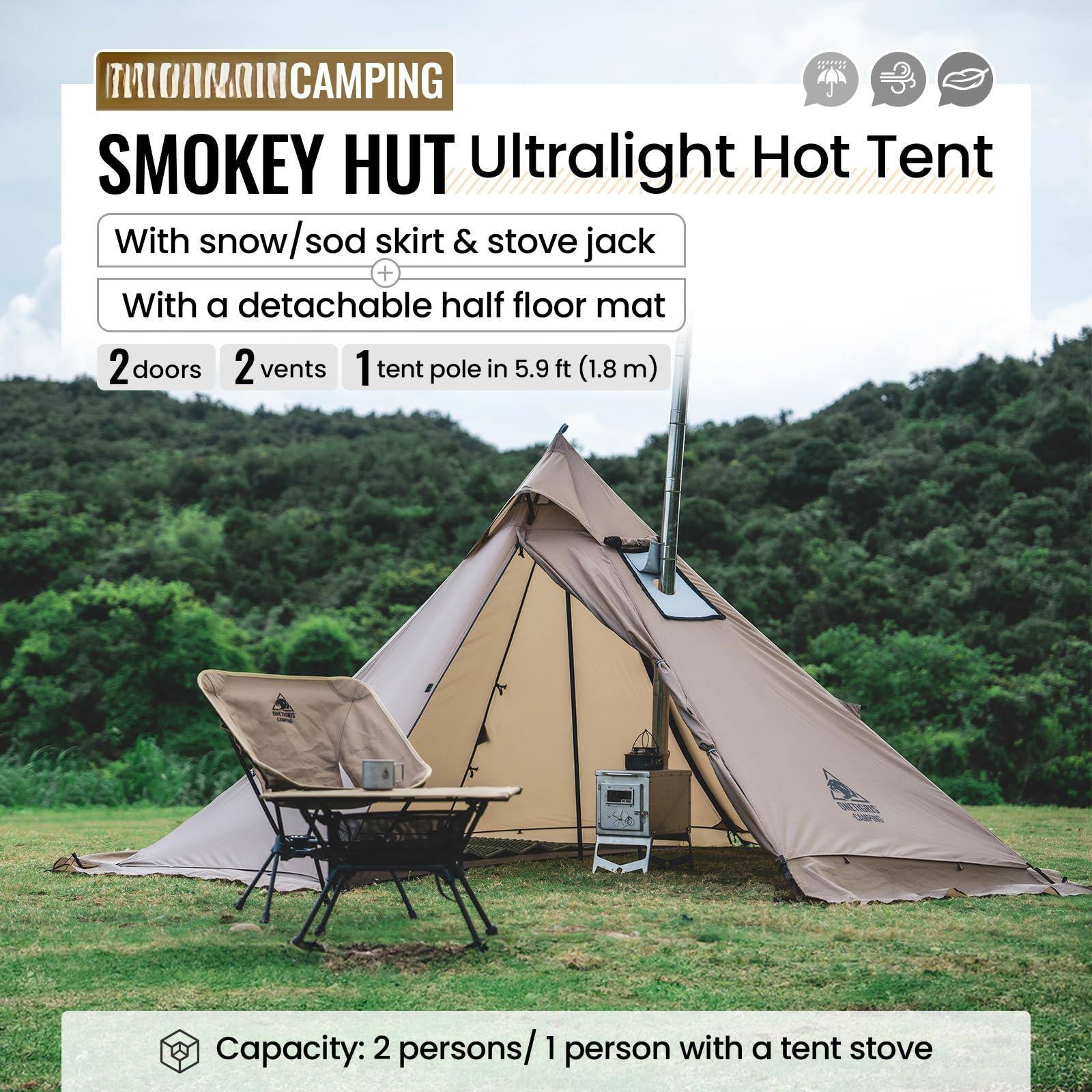 **TRIUMPHICAMPING**

**SMOKEY HUT Ultralight Hot Tent**

- With snow/sod skirt & stove jack
- With a detachable half floor mat

**2 doors**  
**2 vents**  
**1 tent pole in 5.9 ft (1.8 m)**

Capacity: 2 persons / 1 person with a tent stove
