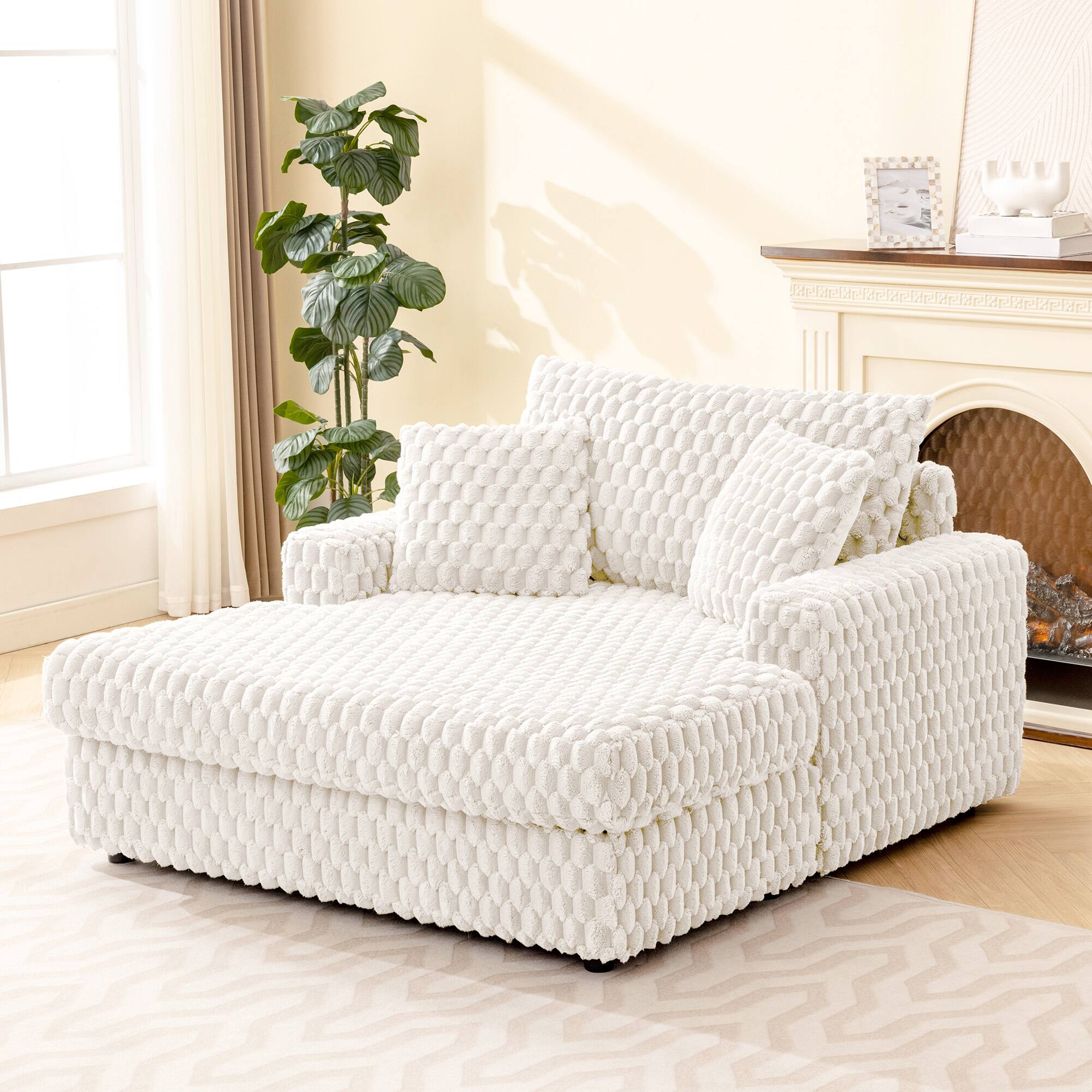 Alt View 6. KERDOM - Chaise Lounge Chair Daybed Fluffy Reading Sofa Bed with 3 Pillows & Wide Armrest, Modern Sleeper Couch Plush Chair Bed - White.