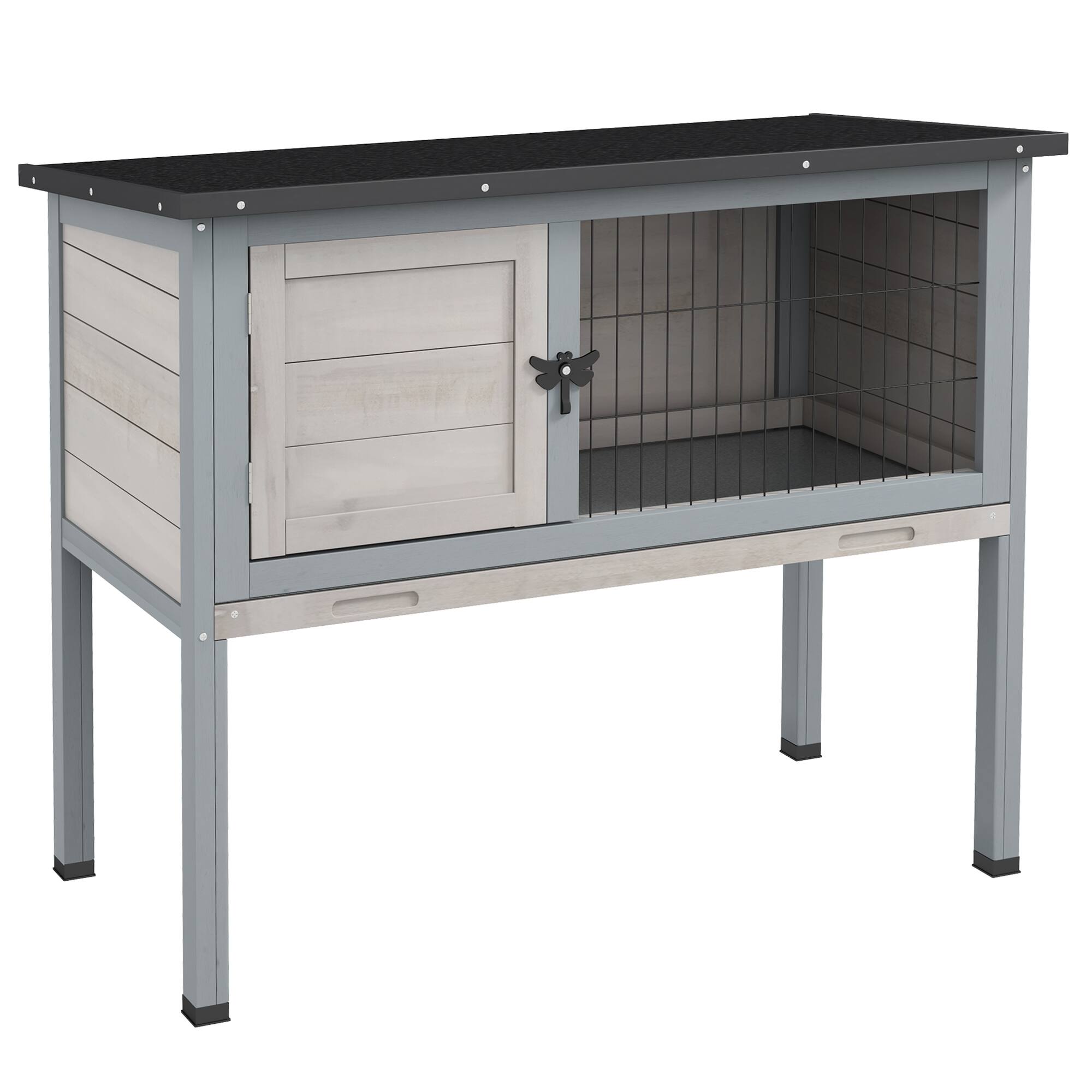 Front. Pawhut - Rabbit Hutch, Wooden Bunny Cage with Hinged Asphalt Roof and Removable Tray.