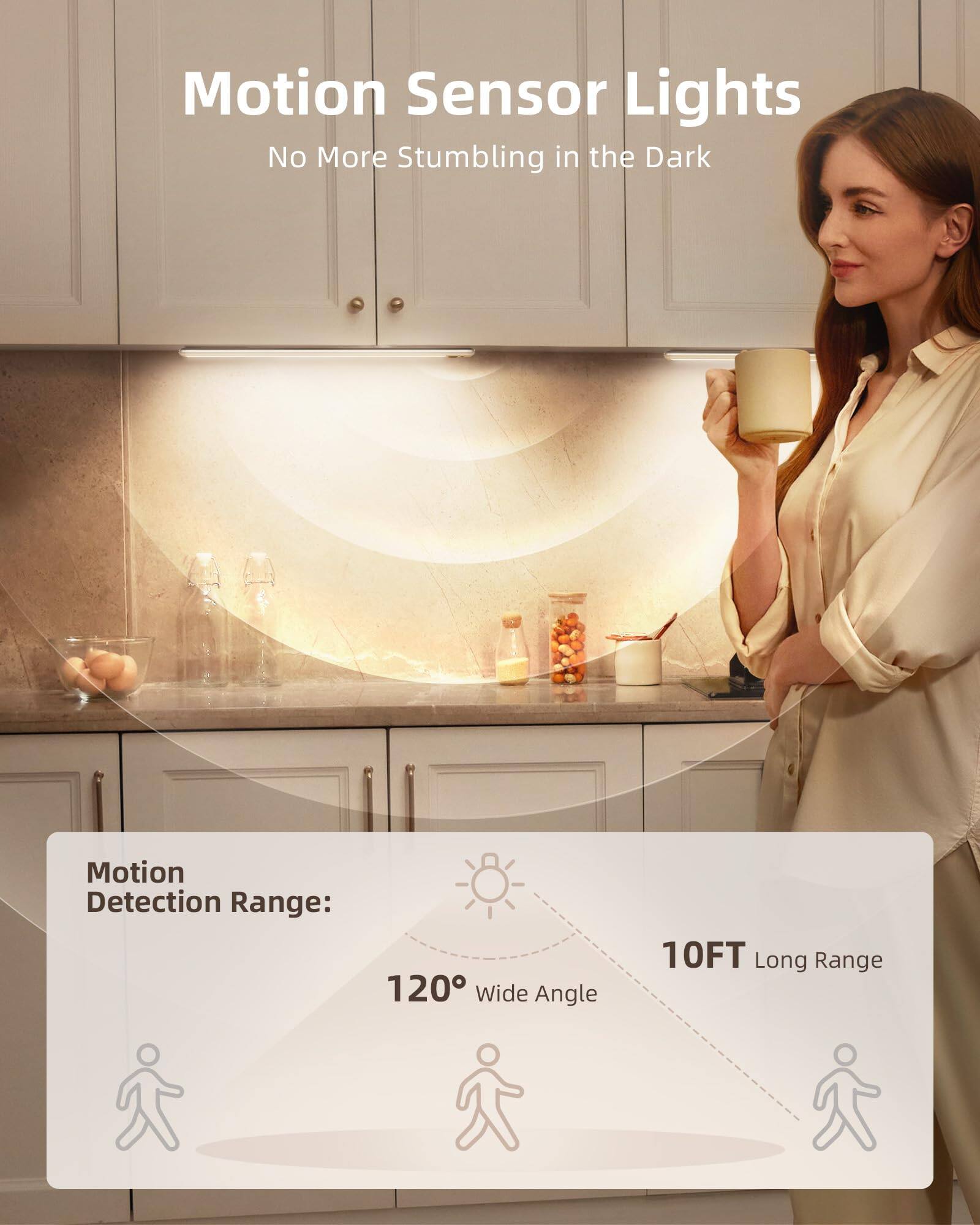 Motion Sensor Lights  
No More Stumbling in the Dark  

Motion Detection Range:  
120° Wide Angle  
10FT Long Range