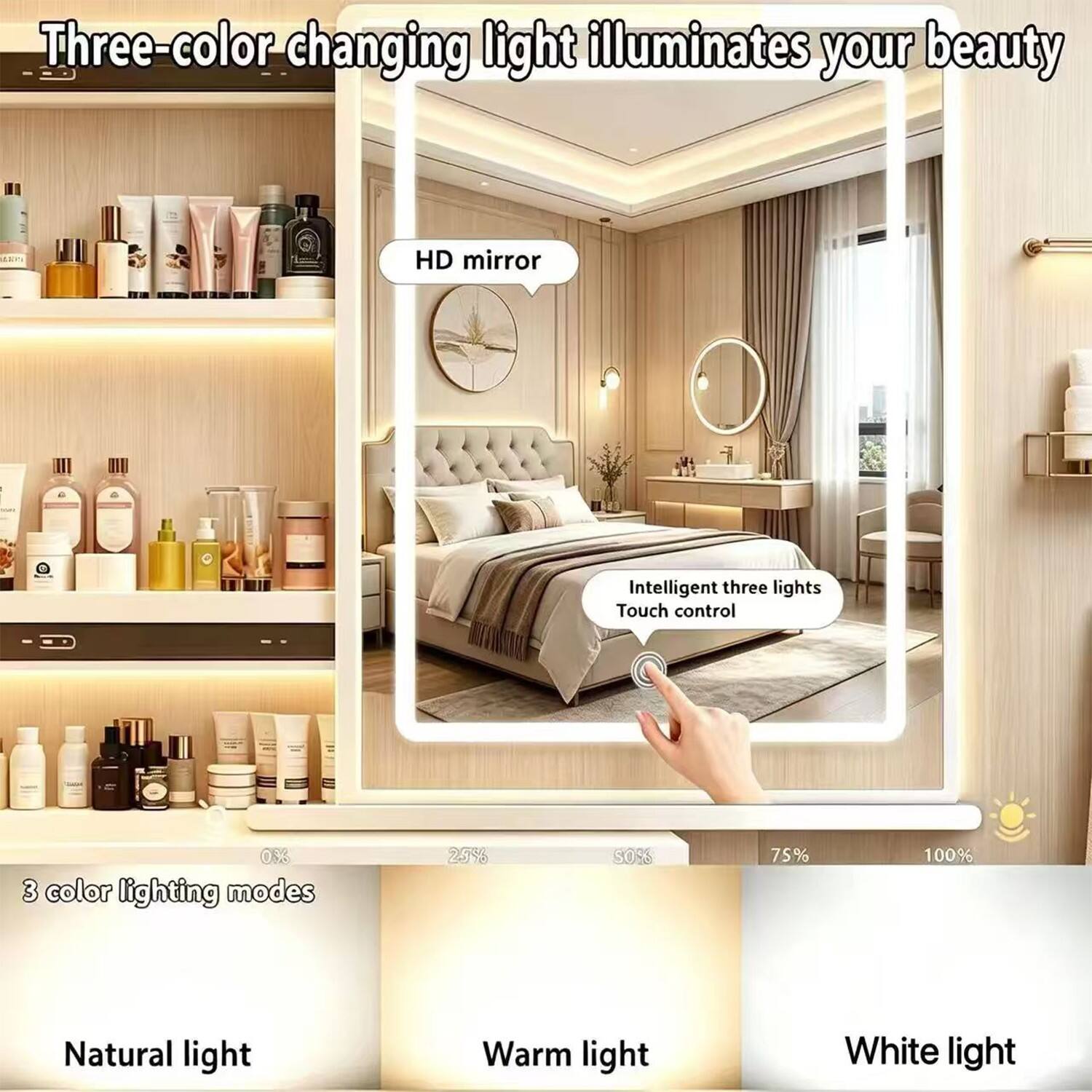 Three-color changing light illuminates your beauty HD mirror Intelligent three lights Touch control 033 3 color lighting modes 25% 50% 75% 100% Natural light Warm light White light