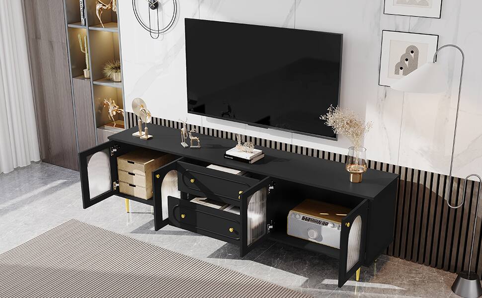 Alt View 1. APRILSOUL - 78.7in Modern TV Stand Cabinet with Five Metal Legs and Metal Handles 2 Drawers 2 Cabinets with Glass Doors Up to 80in - Black.