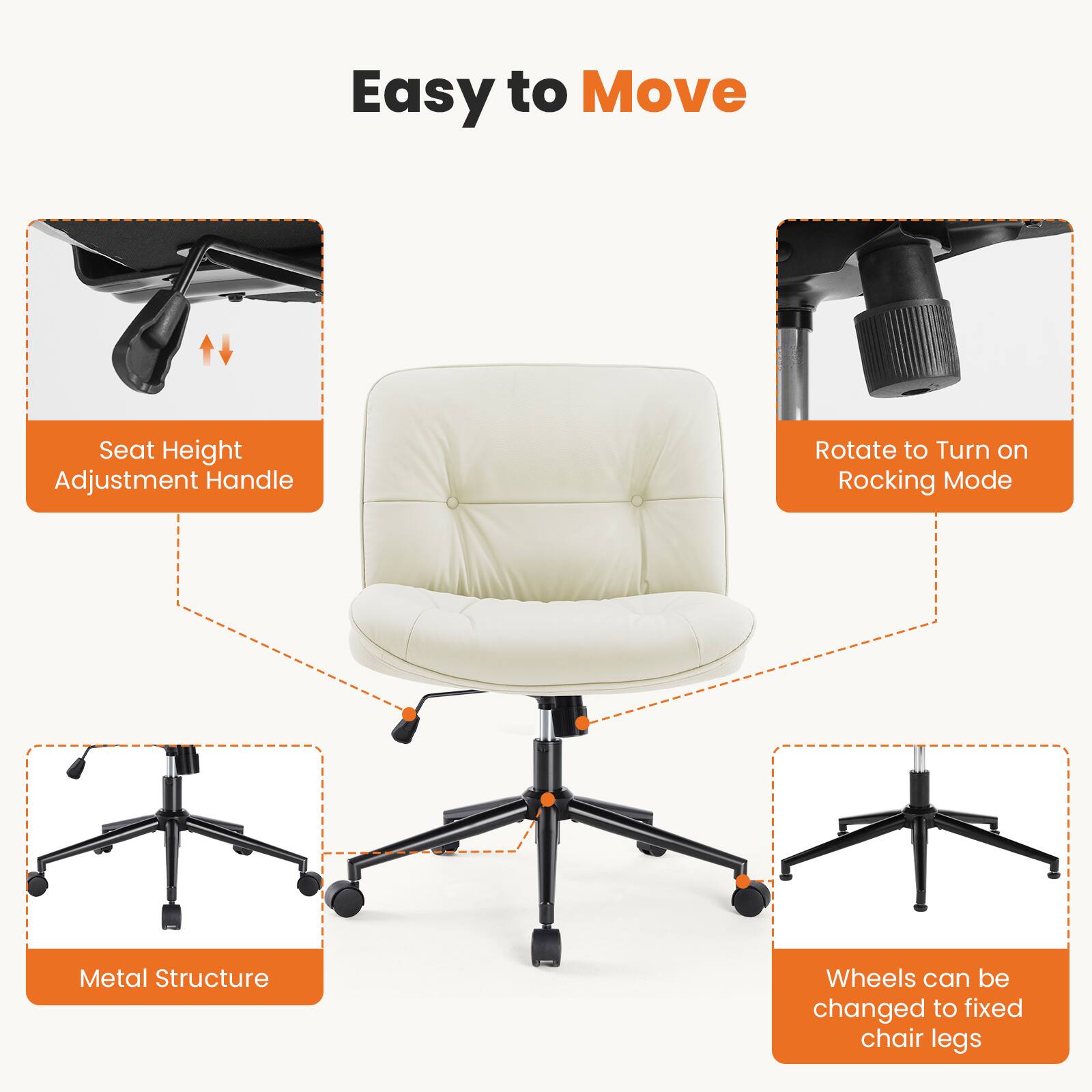 Easy to Move

- Seat Height Adjustment Handle
- Rotate to Turn on Rocking Mode
- Metal Structure
- Wheels can be changed to fixed chair legs