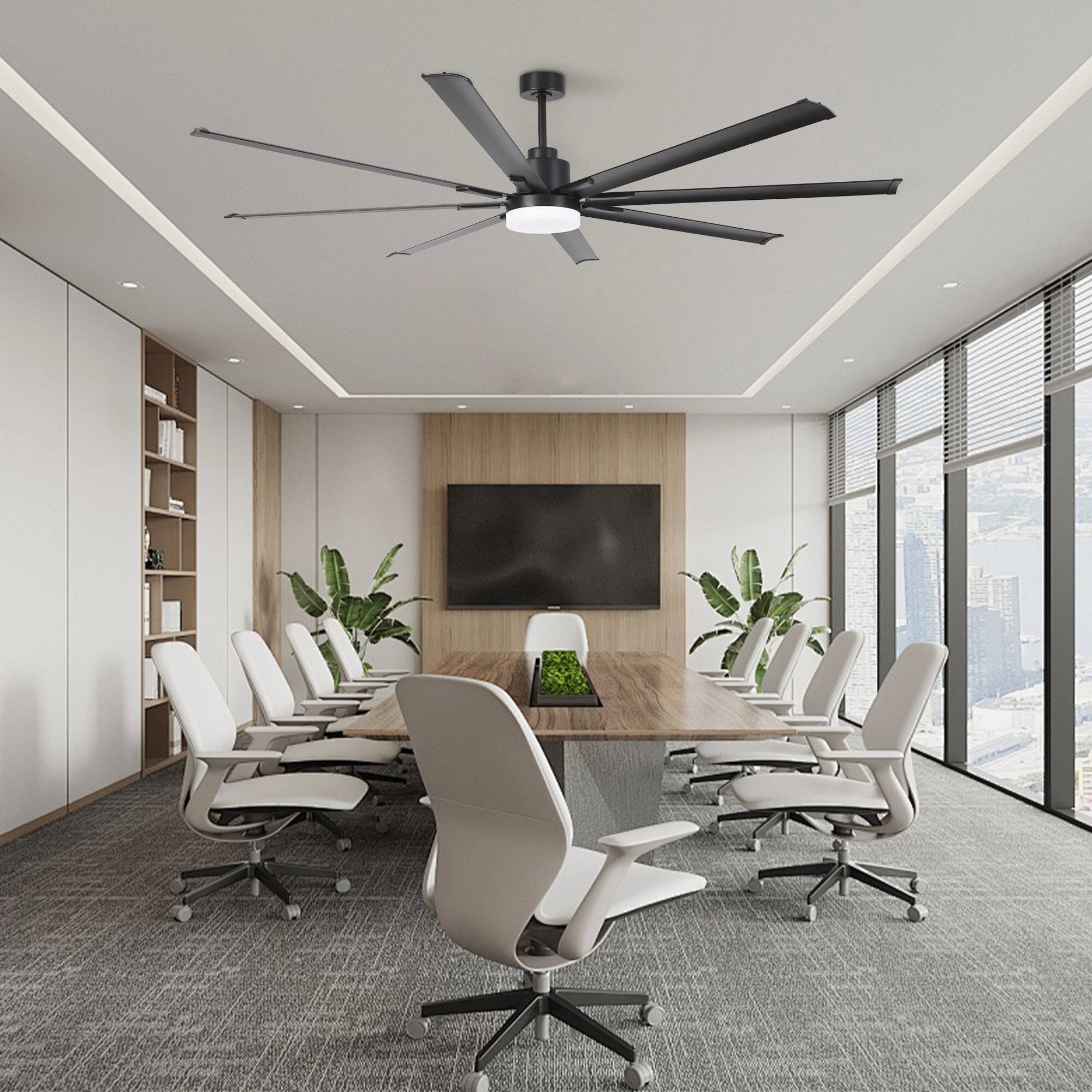 Angle. Vaczon - 84" Industrial Aluminum 8-Blade Large Indoor Commercial Ceiling Fan with Dimmable 3CCT LED Light and Remote - Matte Black.