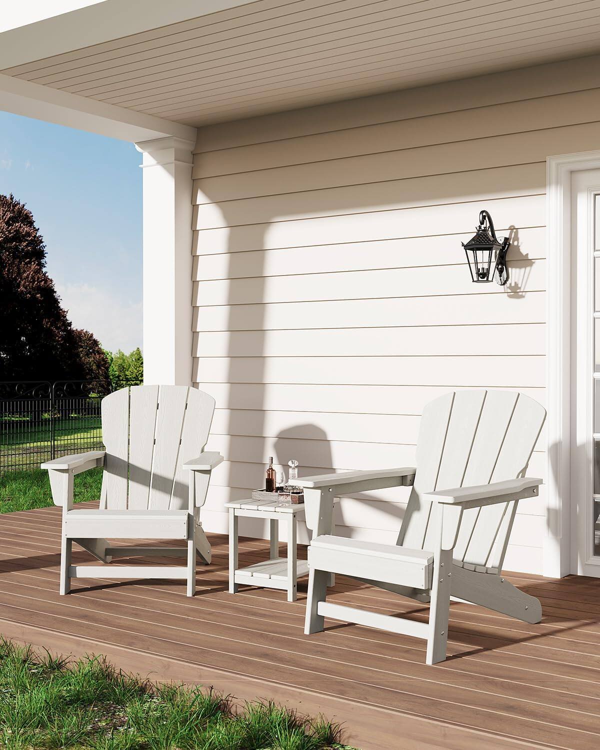 Front. Acekool - Modern HDPE Adirondack Chair Set of 2, Oversized 380lb Poly Lumber Outdoor Patio Chairs, Wood Texture, White - White.