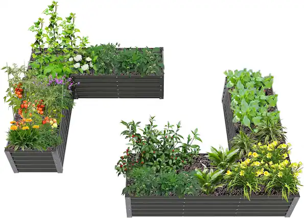Front. A Anleolife - 2-Pack Gray Metal Rectangular L-Shaped Raised Garden Bed Planter Box for Vegetables (74 in. L x 74 in. W x 18 in. H) - Gray.