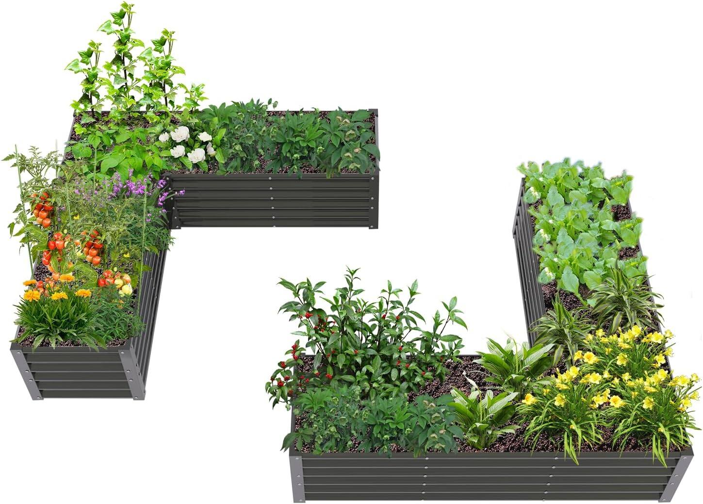 A Anleolife - 2-Pack Metal Rectangular L-Shaped Raised Garden Bed Planter Box for Vegetables (74 in. L x 74 in. W x 18 in. H) - Gray