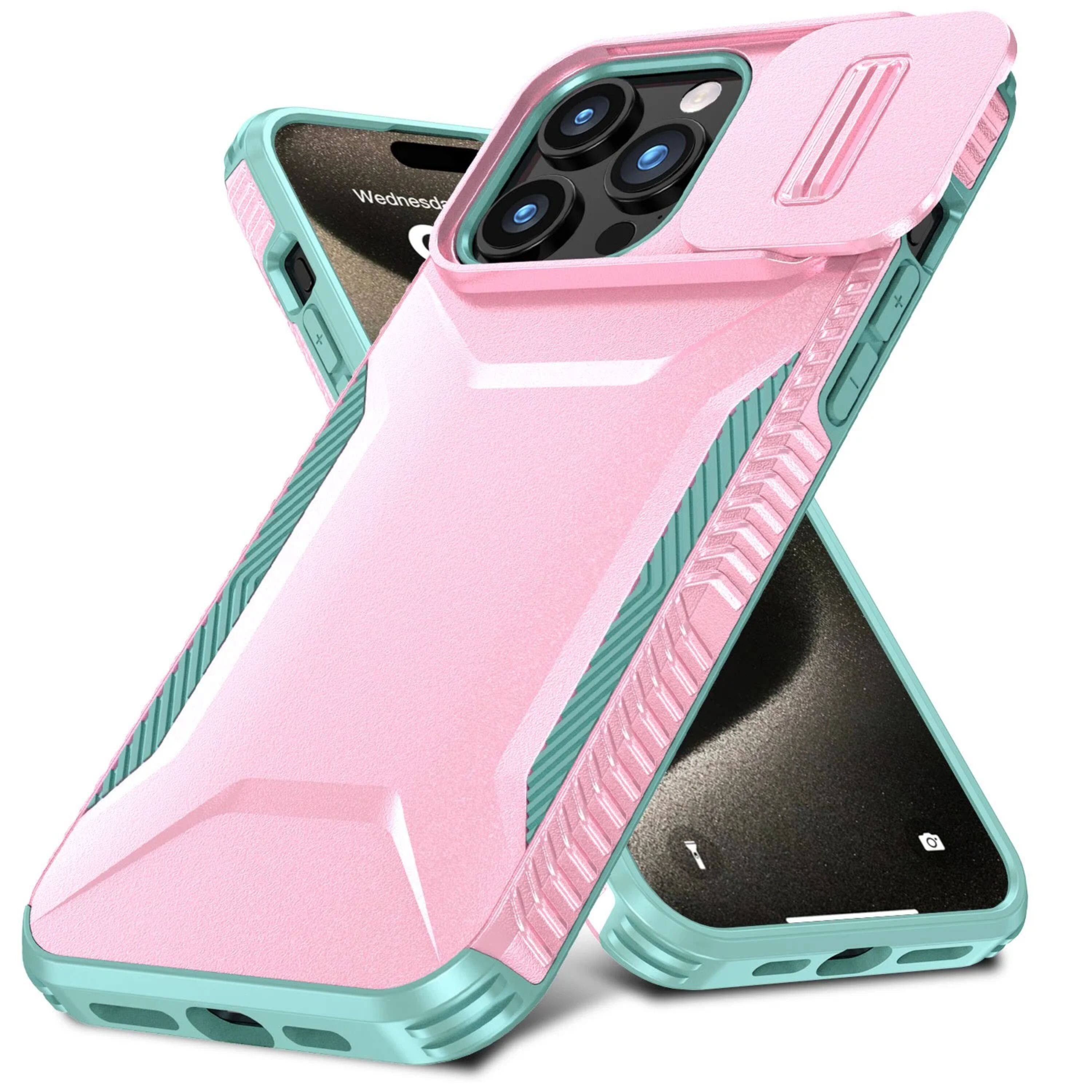 Angle. Kitcheniva - Rugged Sliding Lens Cover Case With Tempered Glass For iPhone 15 Pro Max Pink/Teal - Teal and Pink.