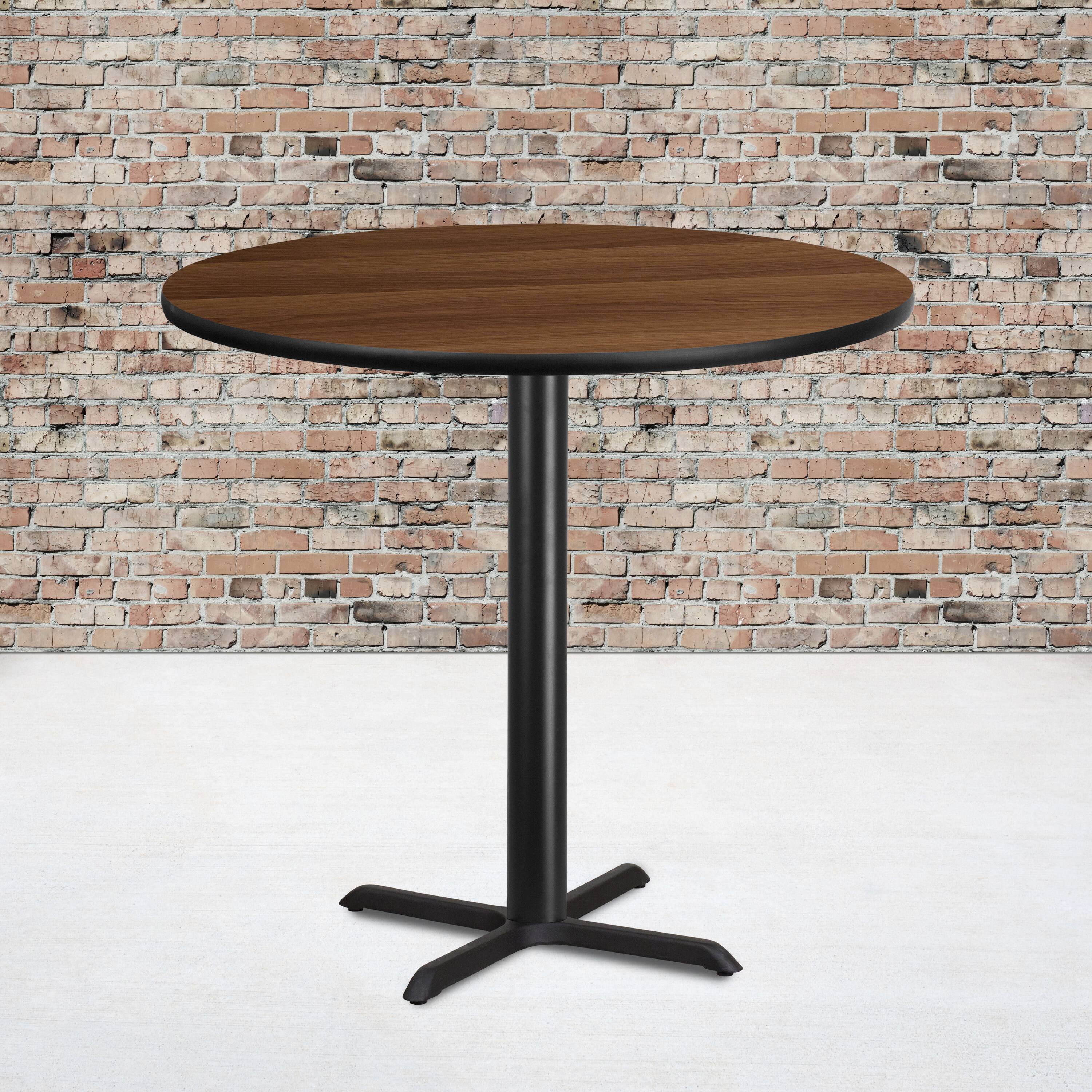 Angle. Flash Furniture - Stiles 42'' Round Walnut Laminate Table Top with 33'' x 33'' Bar Height Table Base - Brown.