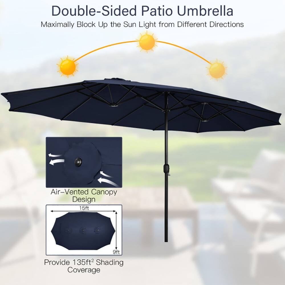 Double-Sided Patio Umbrella  
Maximally Block Up the Sun Light from Different Directions  

Air-Vented Canopy Design  

15ft x 9ft  
Provide 135ft² Shading Coverage