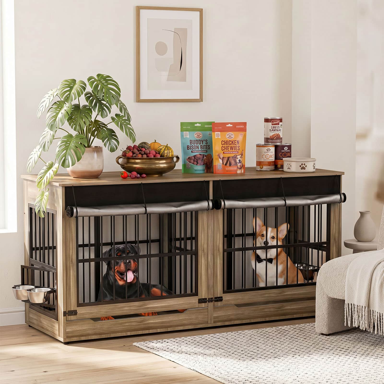 "Anysun - 78"" Double Dog Crate with Divider, Wooden Indoor Kennel, Swivel Bowls, Decorative End Table on Wheels for XL Dogs" price history on PriceWatchPro