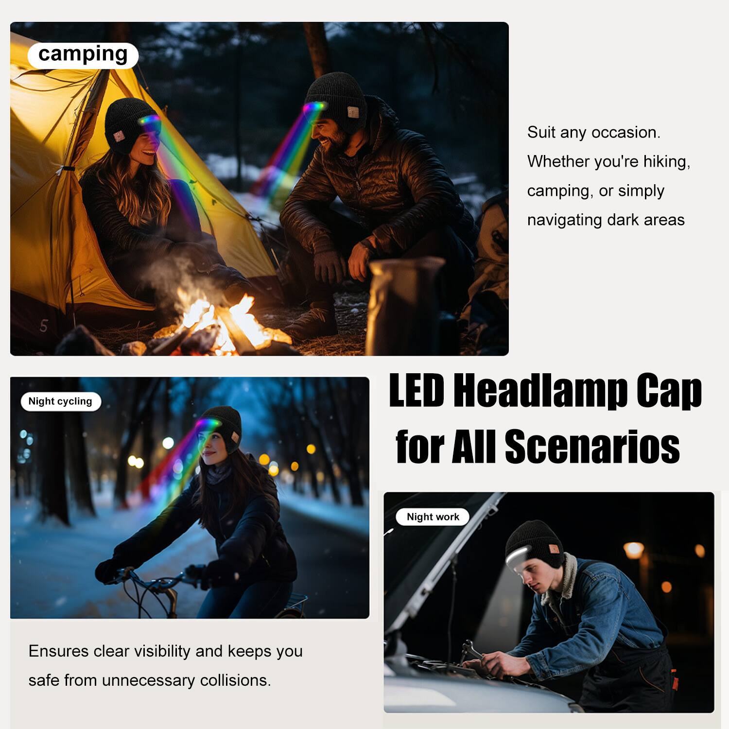 Sure, here is the corrected and grouped text:

---

**LED Headlamp Cap for All Scenarios**

**camping**  
Suit any occasion.  
Whether you're hiking, camping, or simply navigating dark areas.

**Night cycling**  
Ensures clear visibility and keeps you safe from unnecessary collisions.

**Night work**  
Ensures clear visibility and keeps you safe from unnecessary collisions.

---