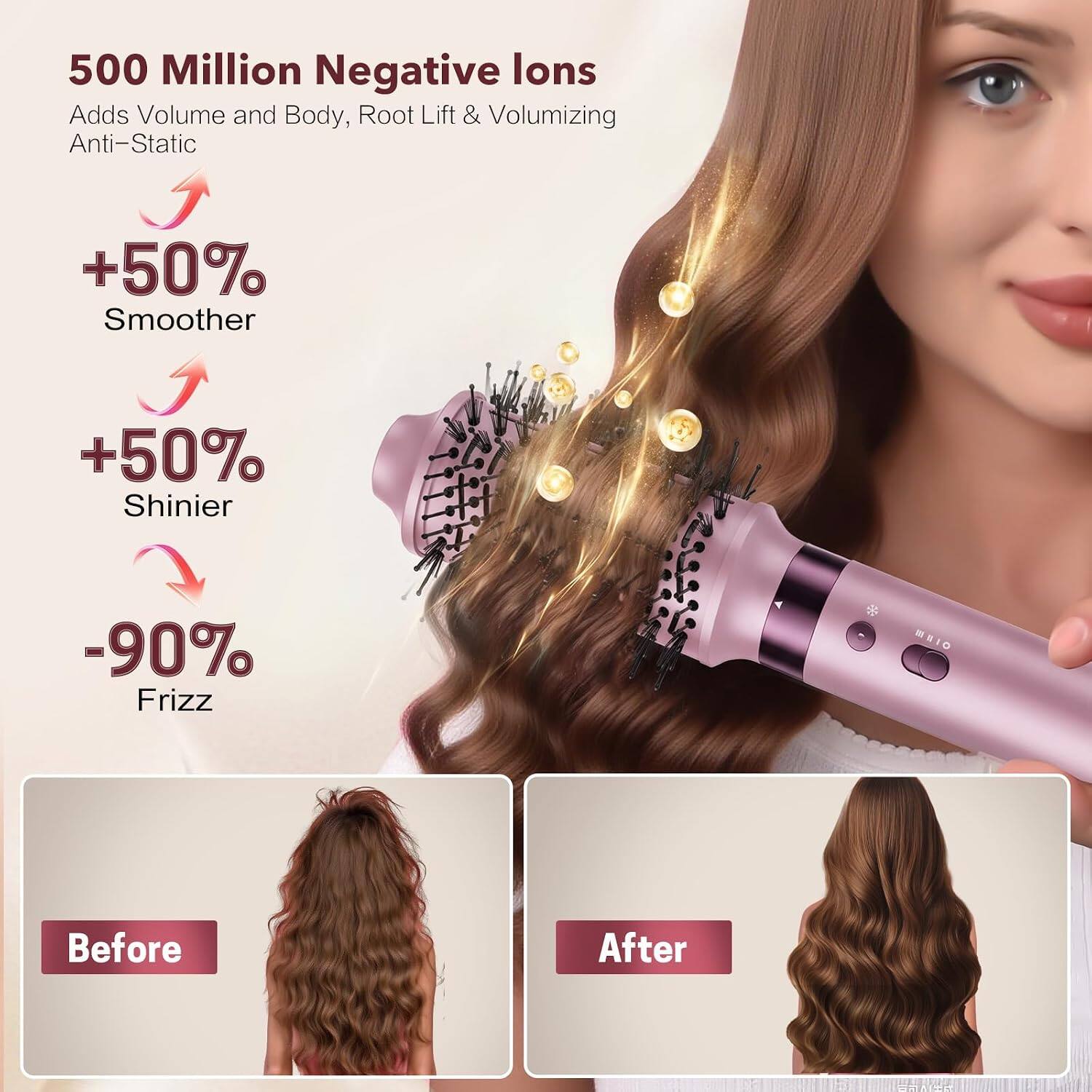 500 Million Negative Ions  
Adds Volume and Body, Root Lift & Volumizing Anti-Static  

+50% Smoother  
+50% Shinier  
-90% Frizz  

Before  
After