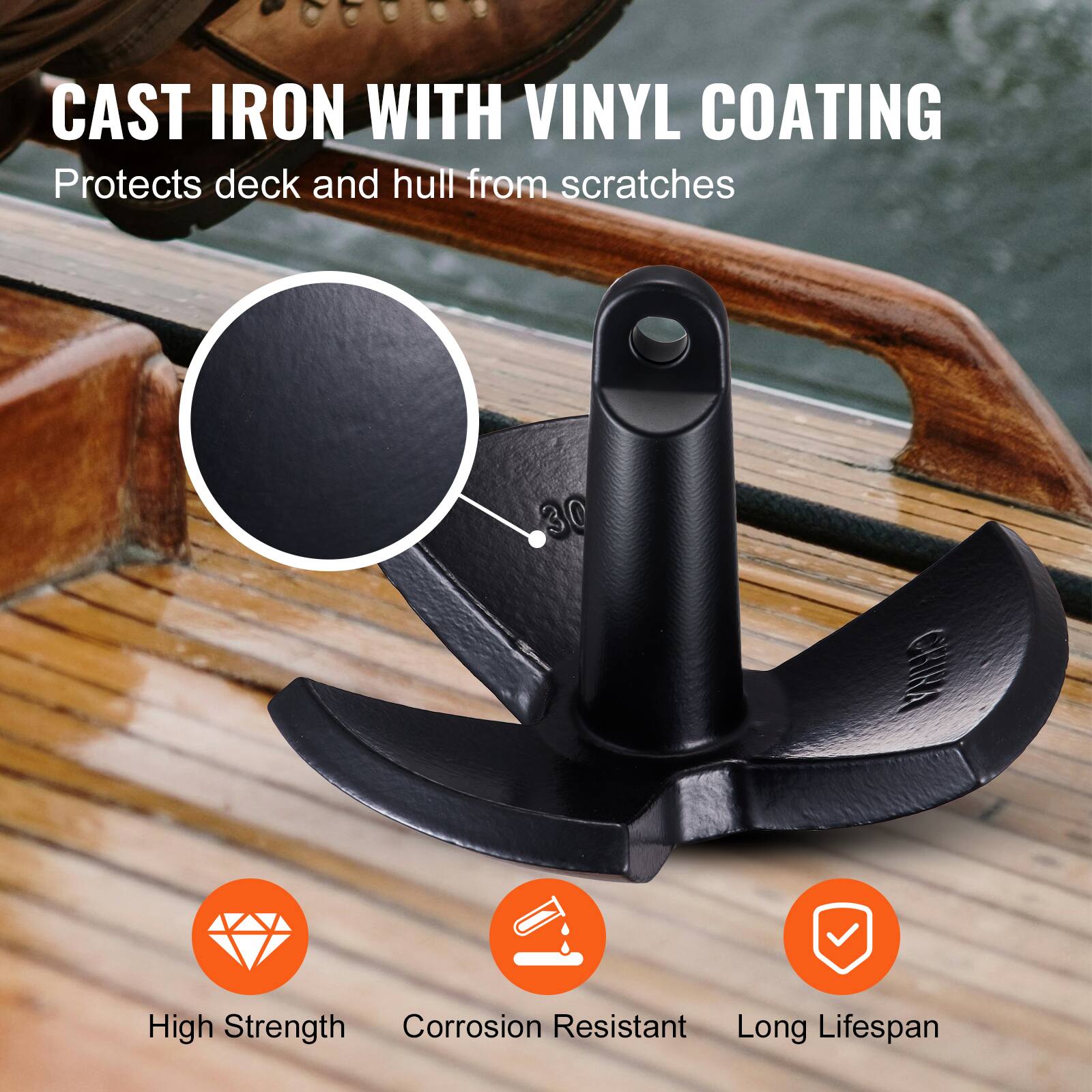CAST IRON WITH VINYL COATING  
Protects deck and hull from scratches  
High Strength  
Corrosion Resistant  
Long Lifespan