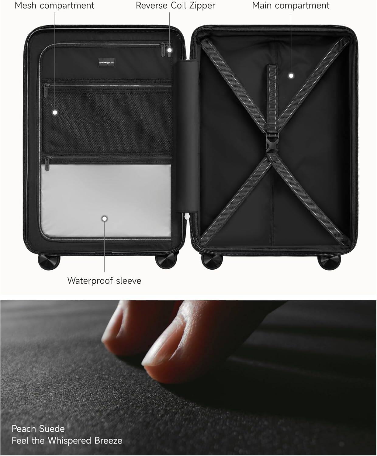 Mesh compartment  
Reverse Coil Zipper  
Main compartment  
Waterproof sleeve  

Peach Suede  
Feel the Whispered Breeze