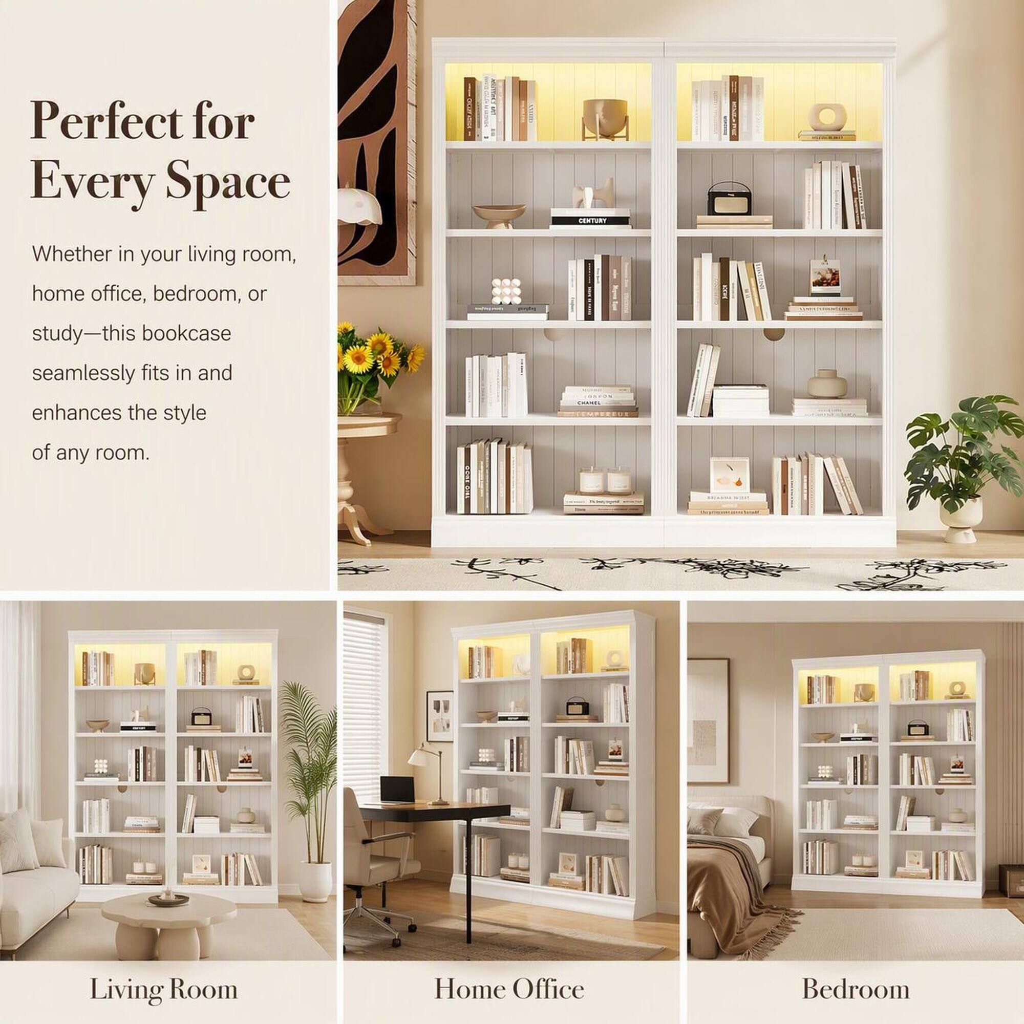 Perfect for Every Space  
Whether in your living room, home office, bedroom, or study—this bookcase seamlessly fits in and enhances the style of any room.

CENTURY 100% TLAVERS

Living Room  
Home Office  
Bedroom