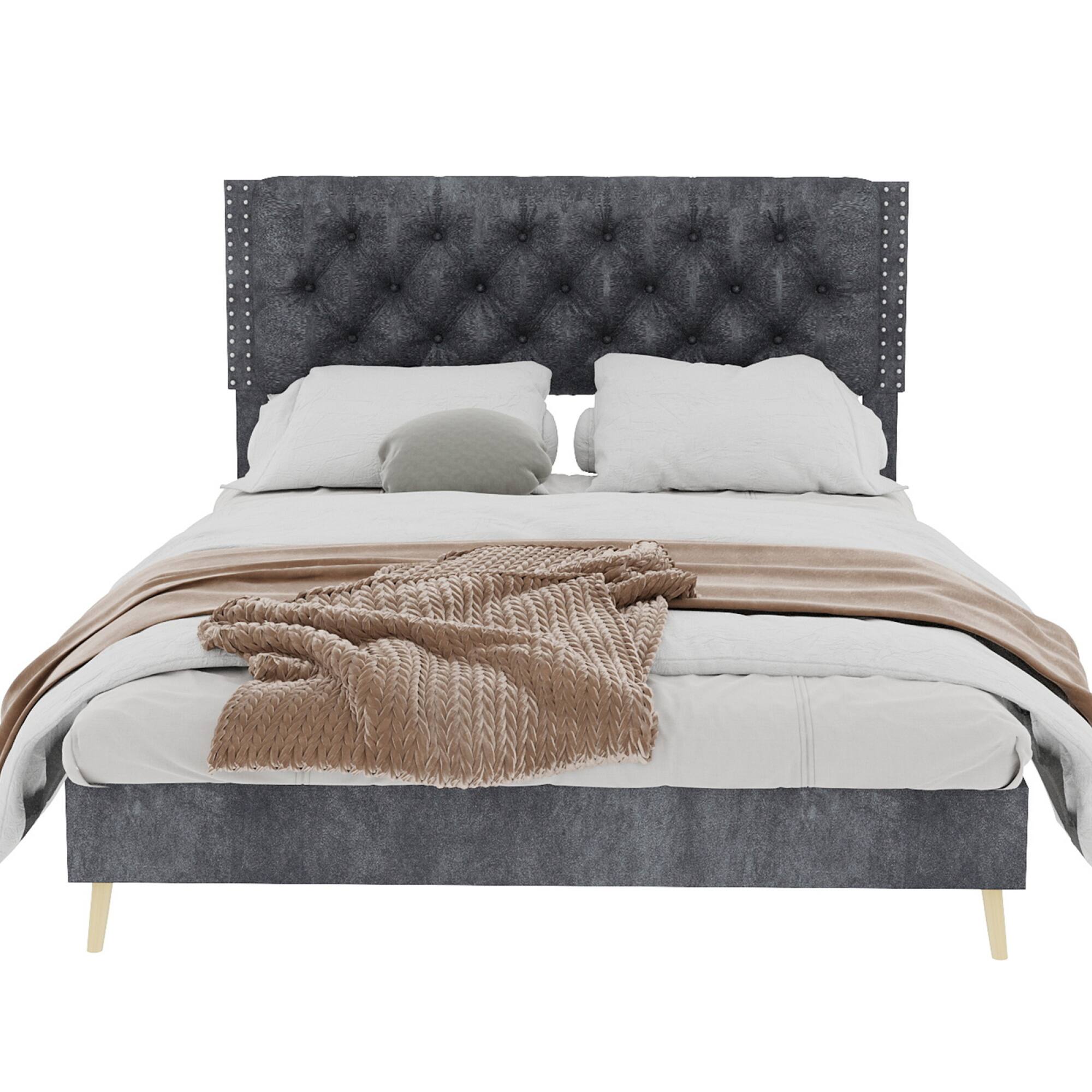 Alt View 9. GOODSILO - Luxury Tufted Velvet Upholstered Bed Frame with Platform Base for Queen Size Mattress, Gray Modern Bedroom Centerpiece - Grey.
